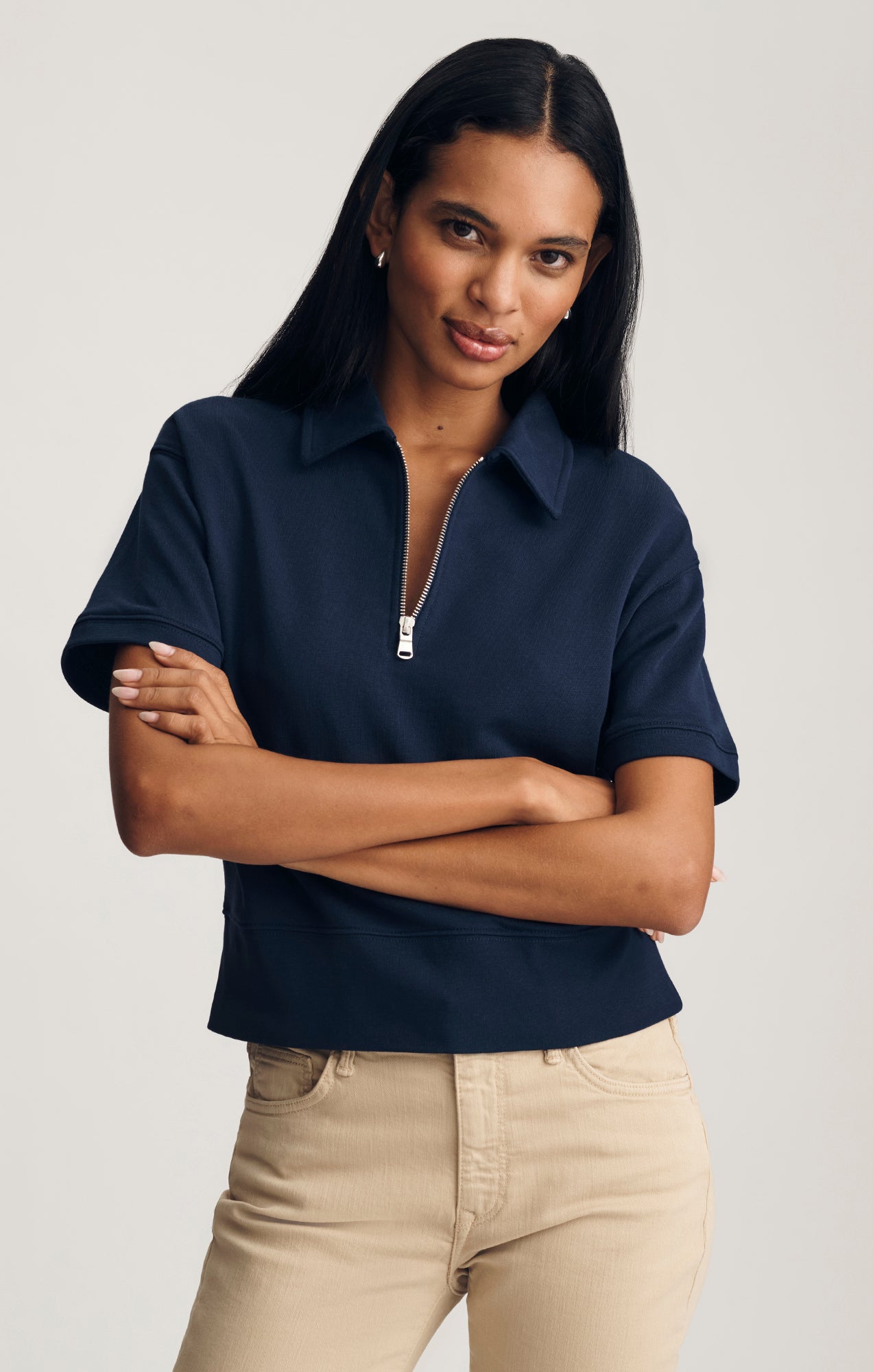 Mavi Women's Half Zip Short Sleeve Sweatshirt In Black Iris – Mavi