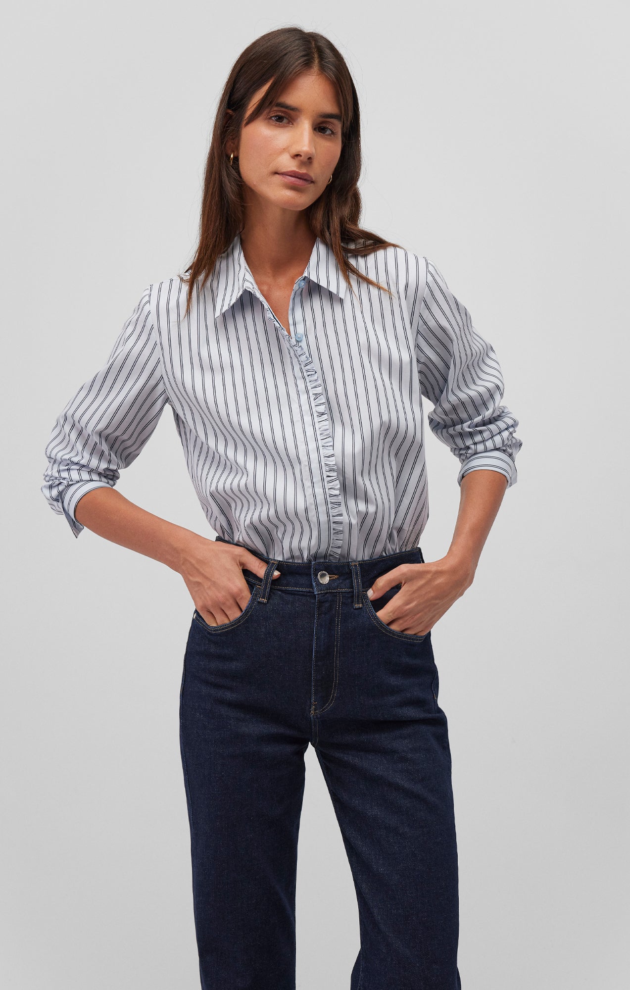 Mavi Women's Long Sleeve Button-Up Shirt In Navy Striped