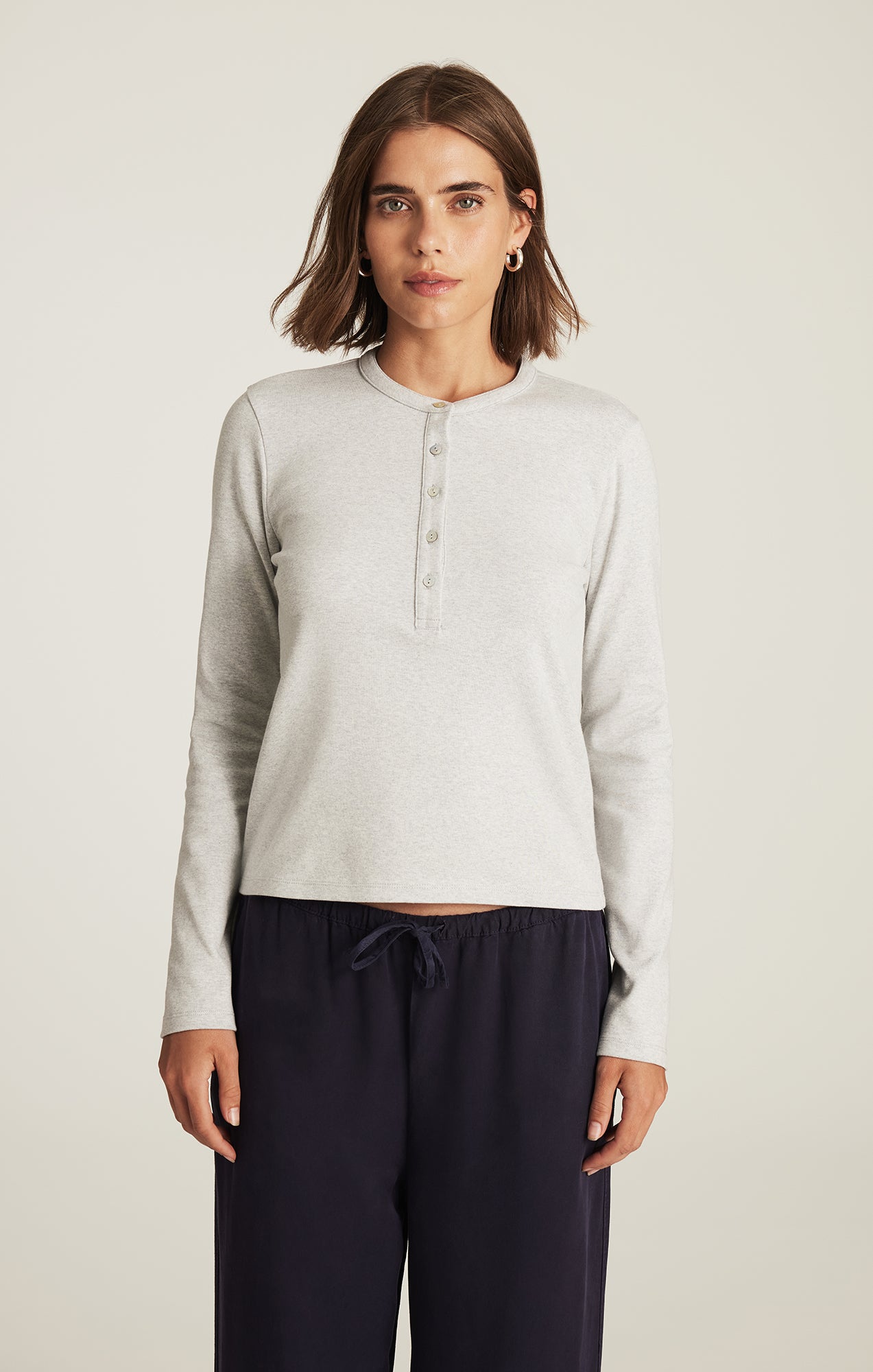 Mavi Women's Cropped Henley T-Shirt In Light Grey Melange – Mavi