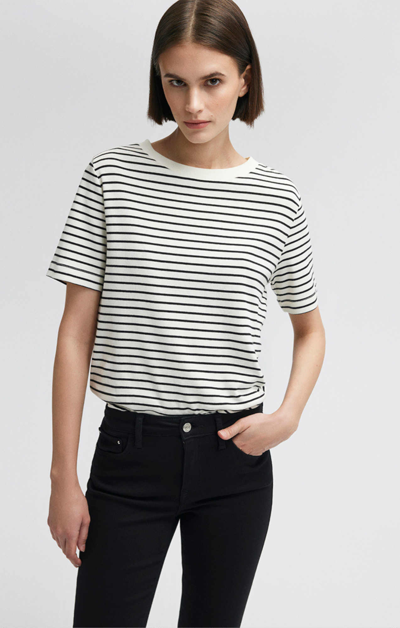 Mavi Women's Crew Neck T-Shirt In Black Striped