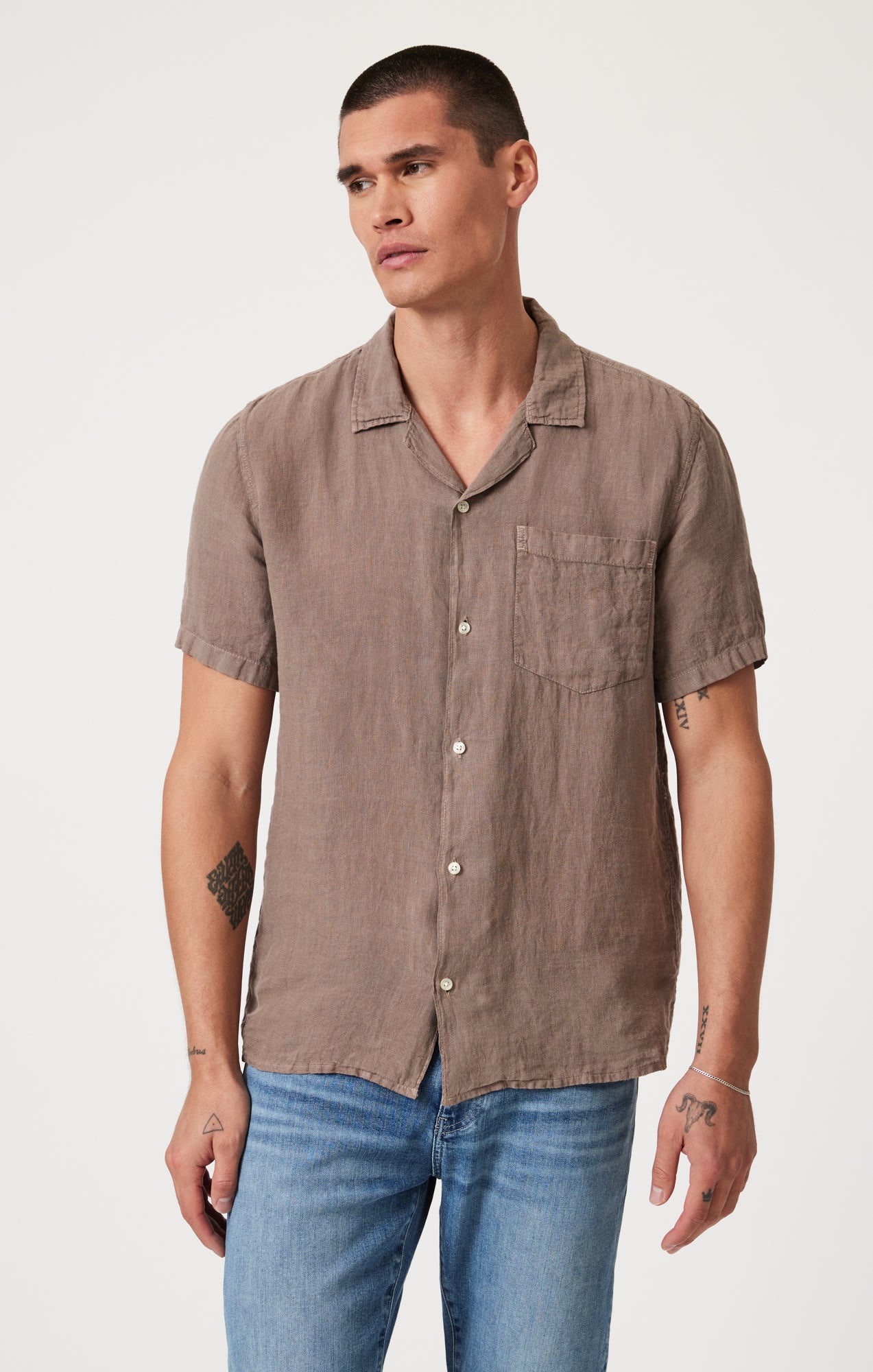 short sleeve dress shirts canada Men's 100% European Linen Short Sleeve Shirt in Taupe Brown Chambray