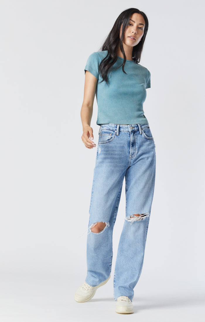 Mavi Women's Barcelona High-Rise Wide Leg Jeans in Light Ripped Organic Blue