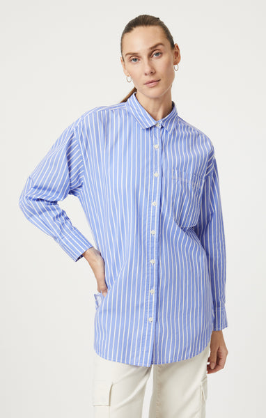 Mavi Women's Button-Up Long Sleeve Shirt In Blue White Striped