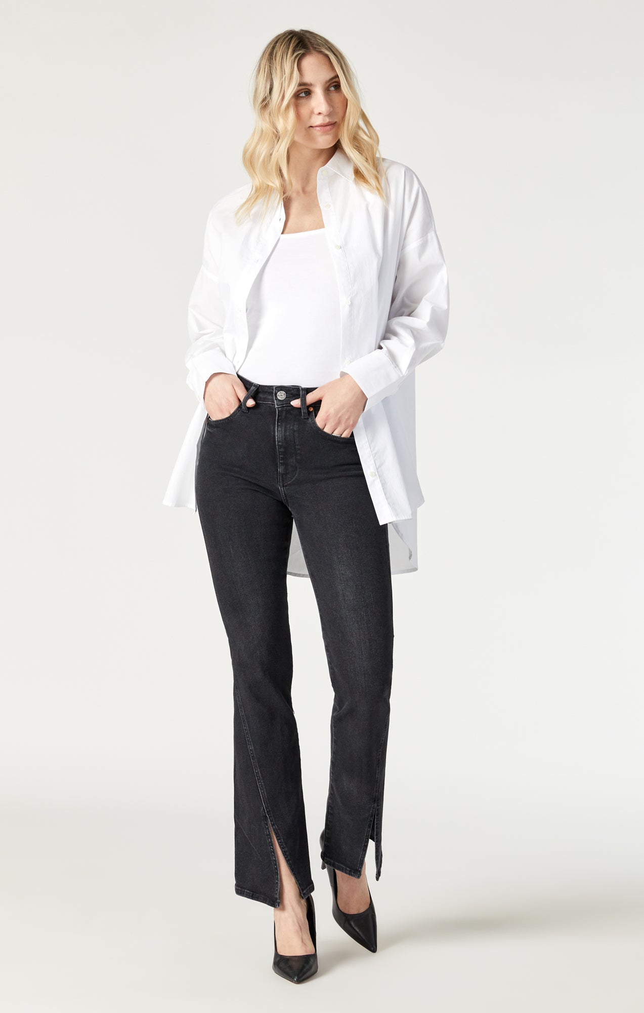 MARIA FRONT SLIT FLARE IN DEEP SMOKE FLEX BLUE - Mavi Jeans