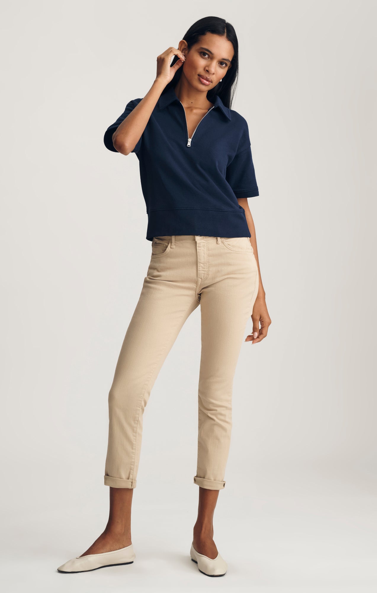 HALF ZIP SHORT SLEEVE SWEATSHIRT IN BLACK IRIS