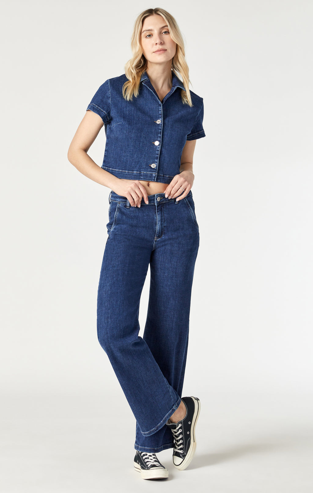 KEYLA CROP SHORT SLEEVE SHIRT IN DARK FEATHER BLUE - Mavi Jeans