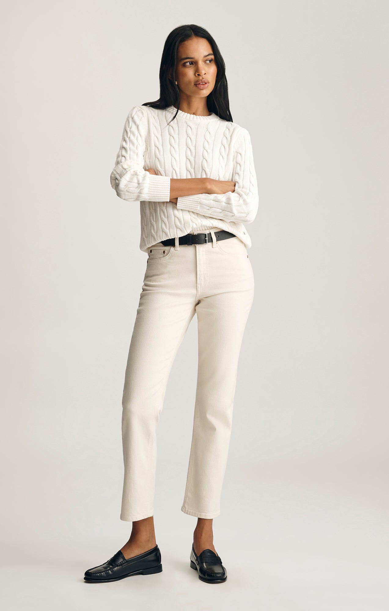 CABLE-KNIT CREW NECK SWEATER IN ANTIQUE WHITE