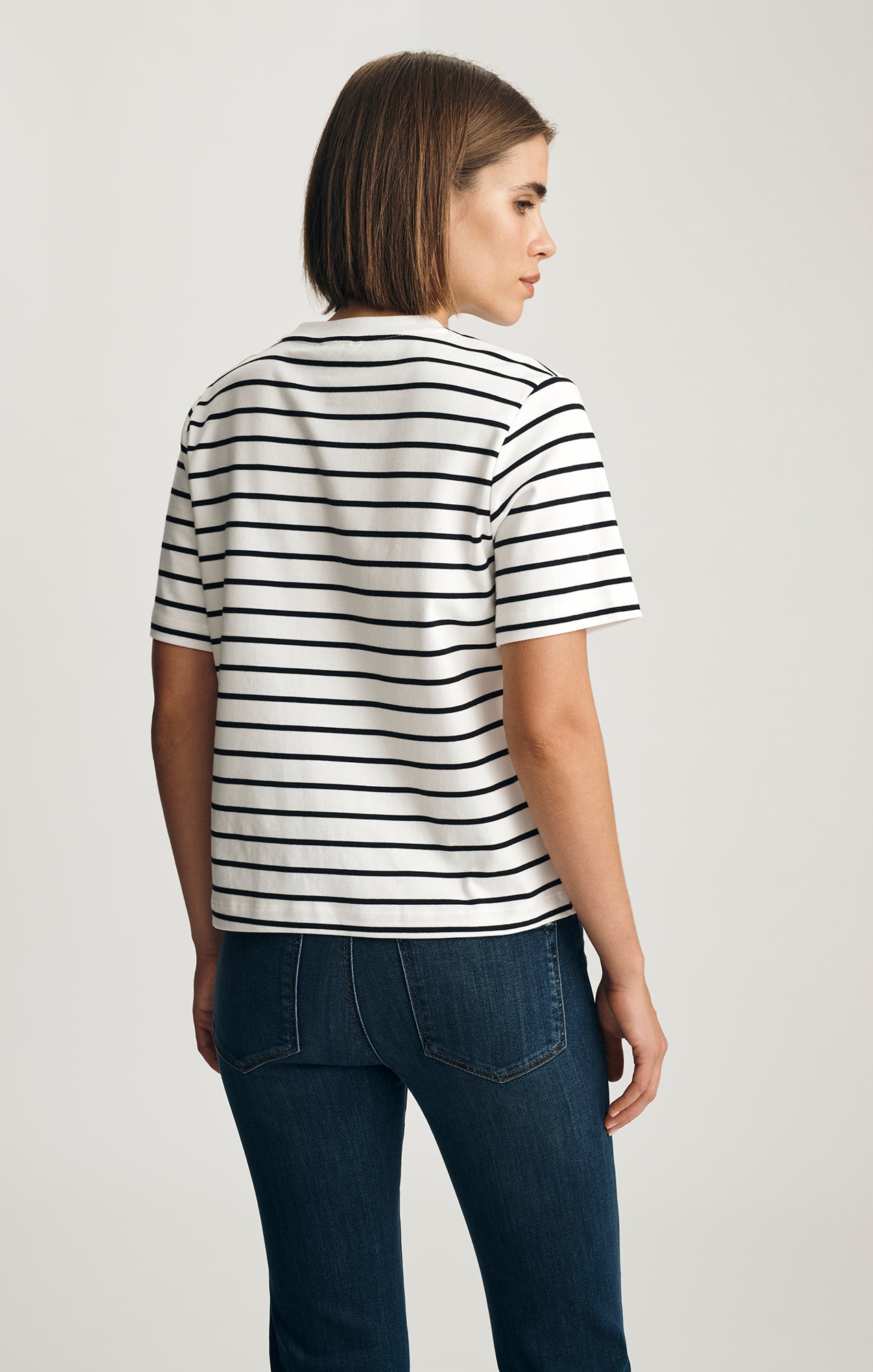 AUDREY INTERLOCK CREW NECK T-SHIRT IN BLACK WHITE STRIPE