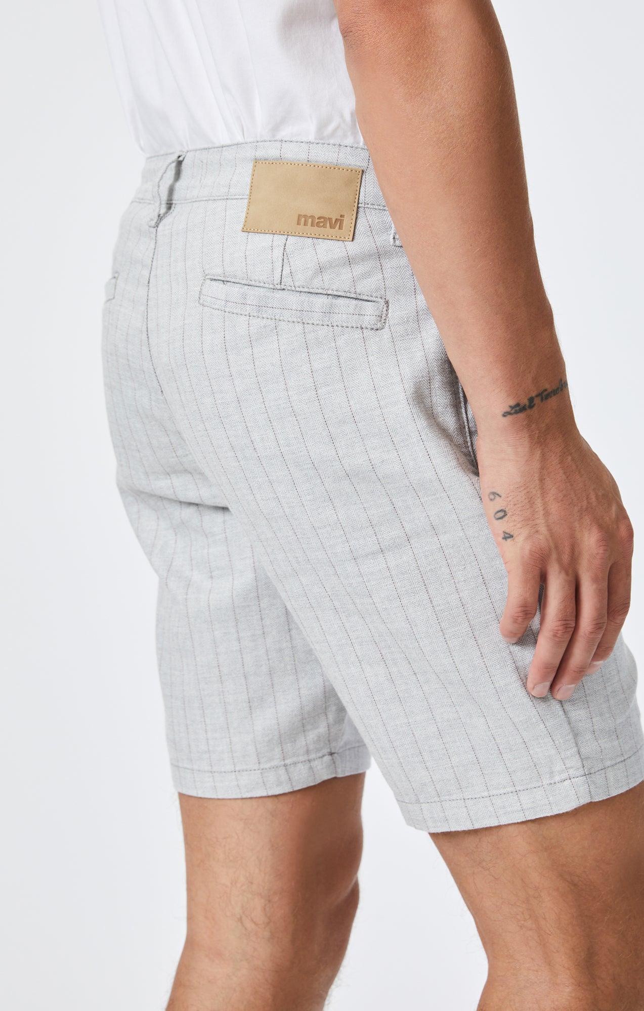 Grey and white striped shorts on sale