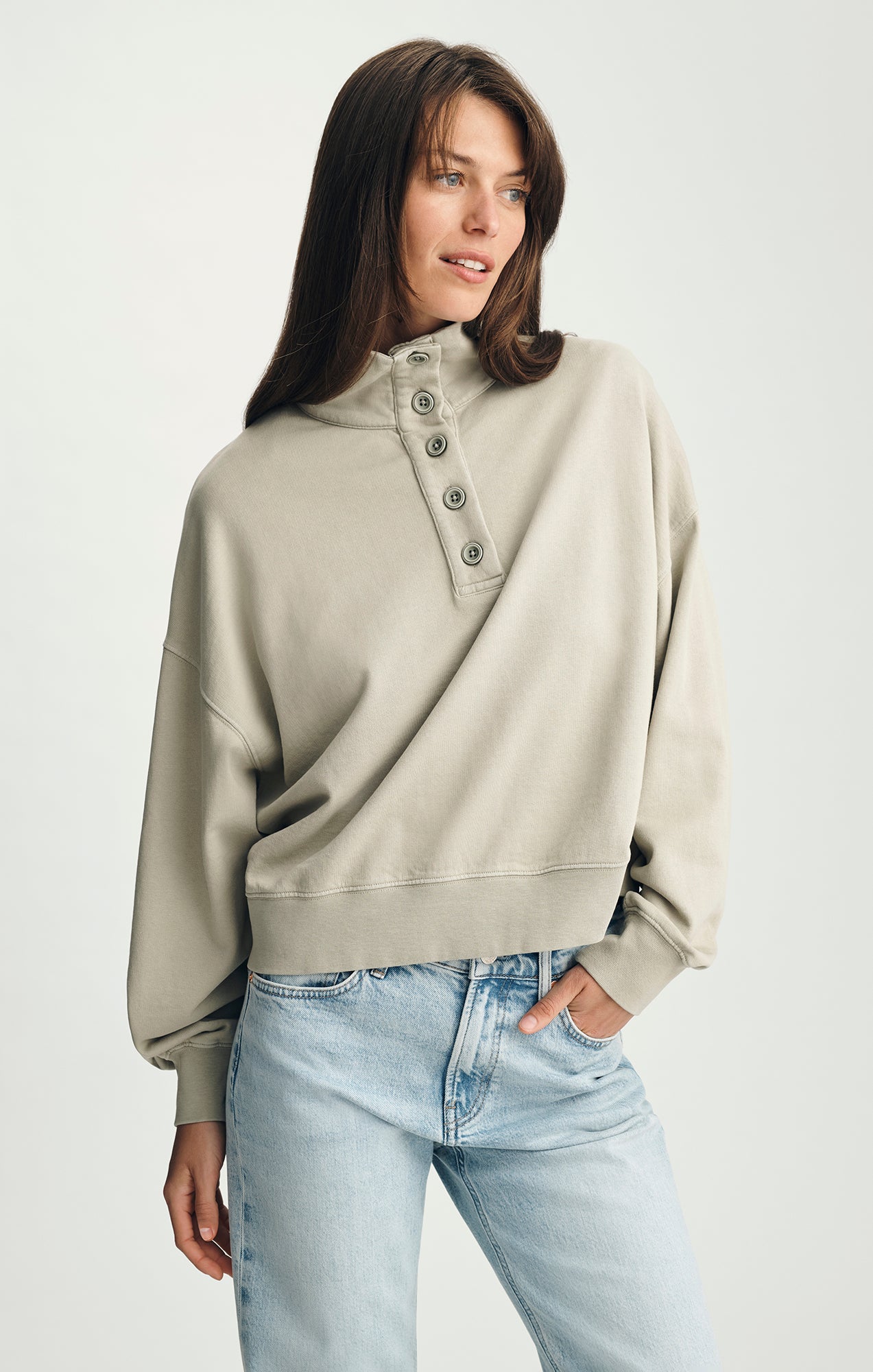 BUTTON-UP FUNNEL NECK SWEATSHIRT IN SEAGRASS