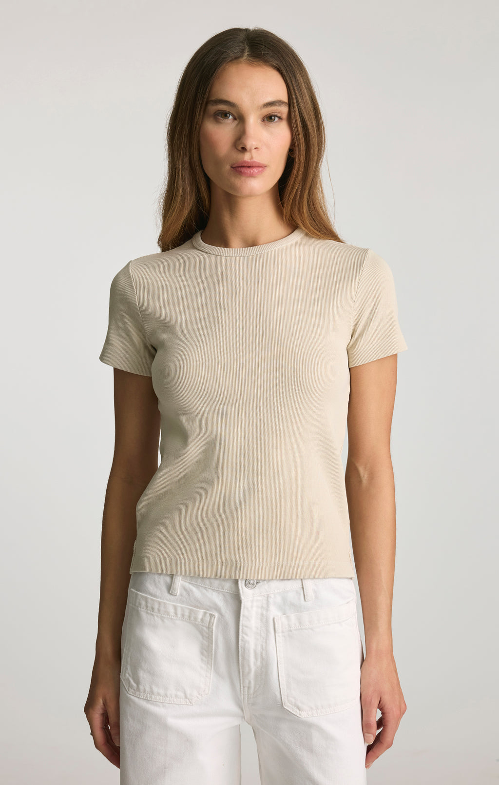 RIBBED CREW NECK T-SHIRT IN OYSTER GRAY - Mavi Jeans