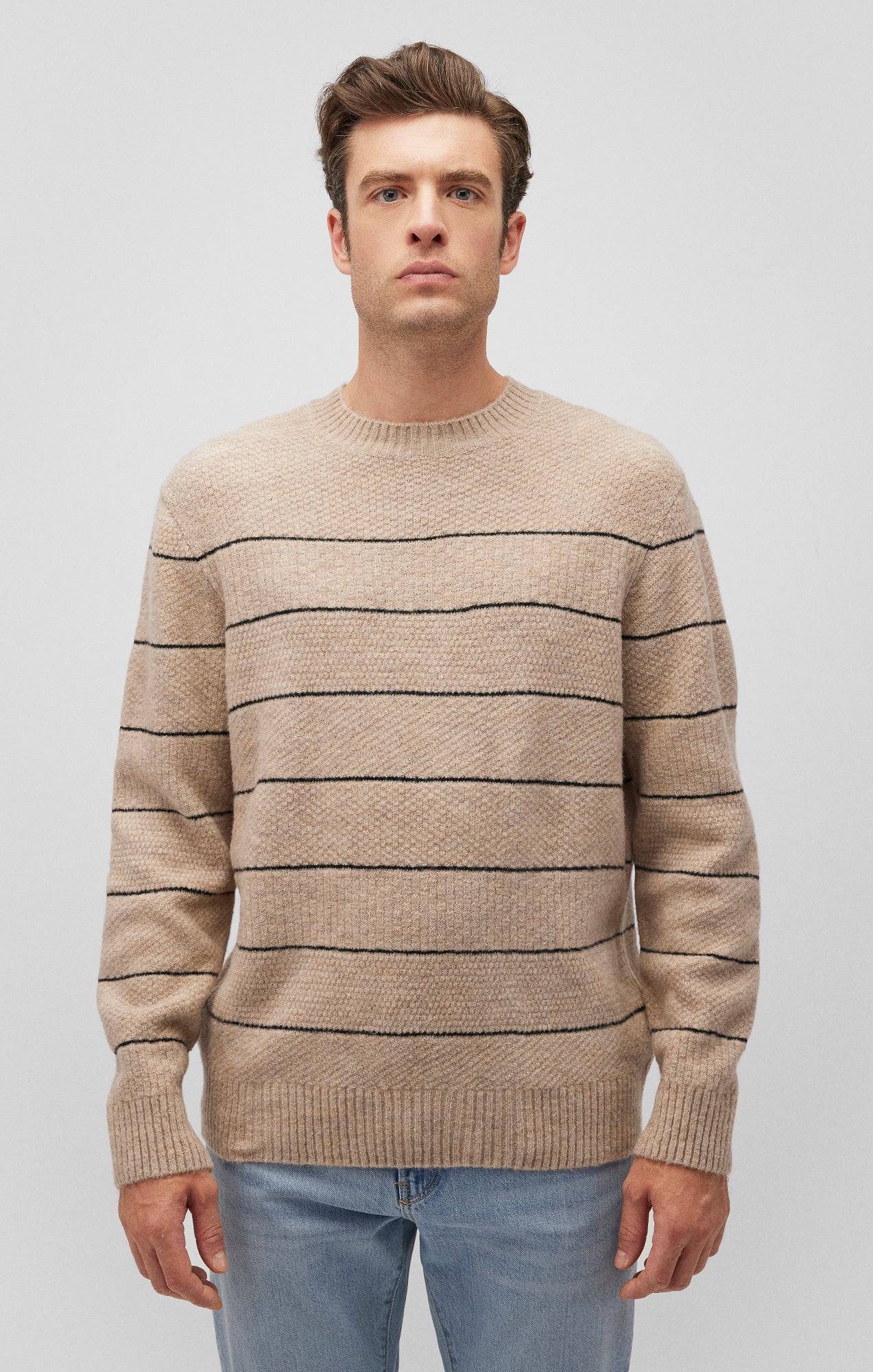 STRIPED CREW NECK SWEATER IN OATMEAL MELANGE - Mavi Jeans