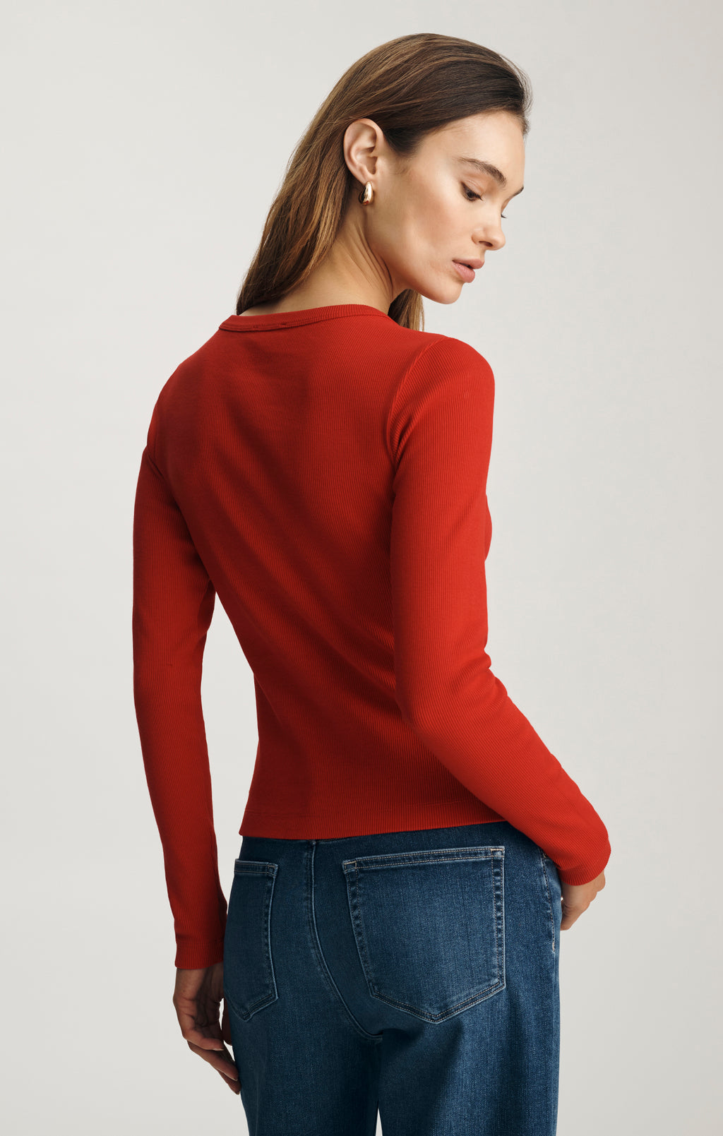 LONG SLEEVE BUTTON-UP T-SHIRT IN RED - Mavi Jeans