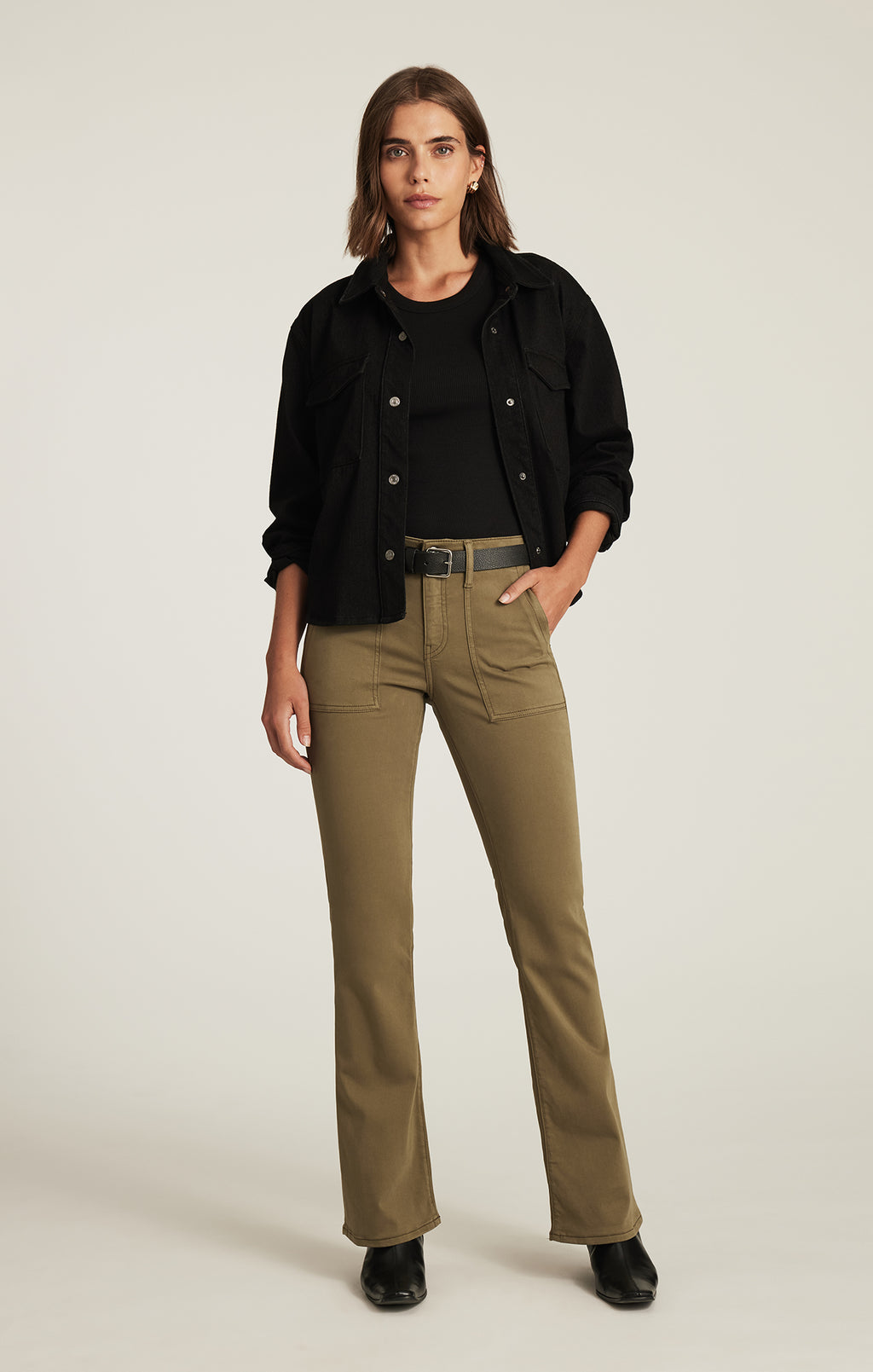 VICKY PATCH POCKET BOOTCUT IN DARK OLIVE SATEEN