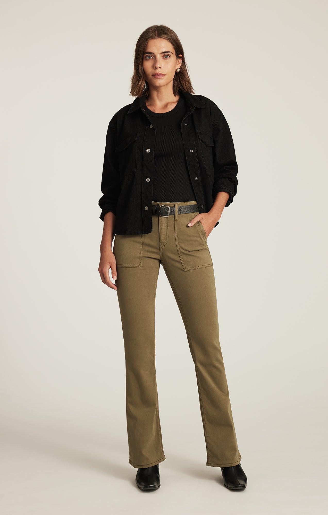 VICKY PATCH POCKET BOOTCUT IN DARK OLIVE SATEEN