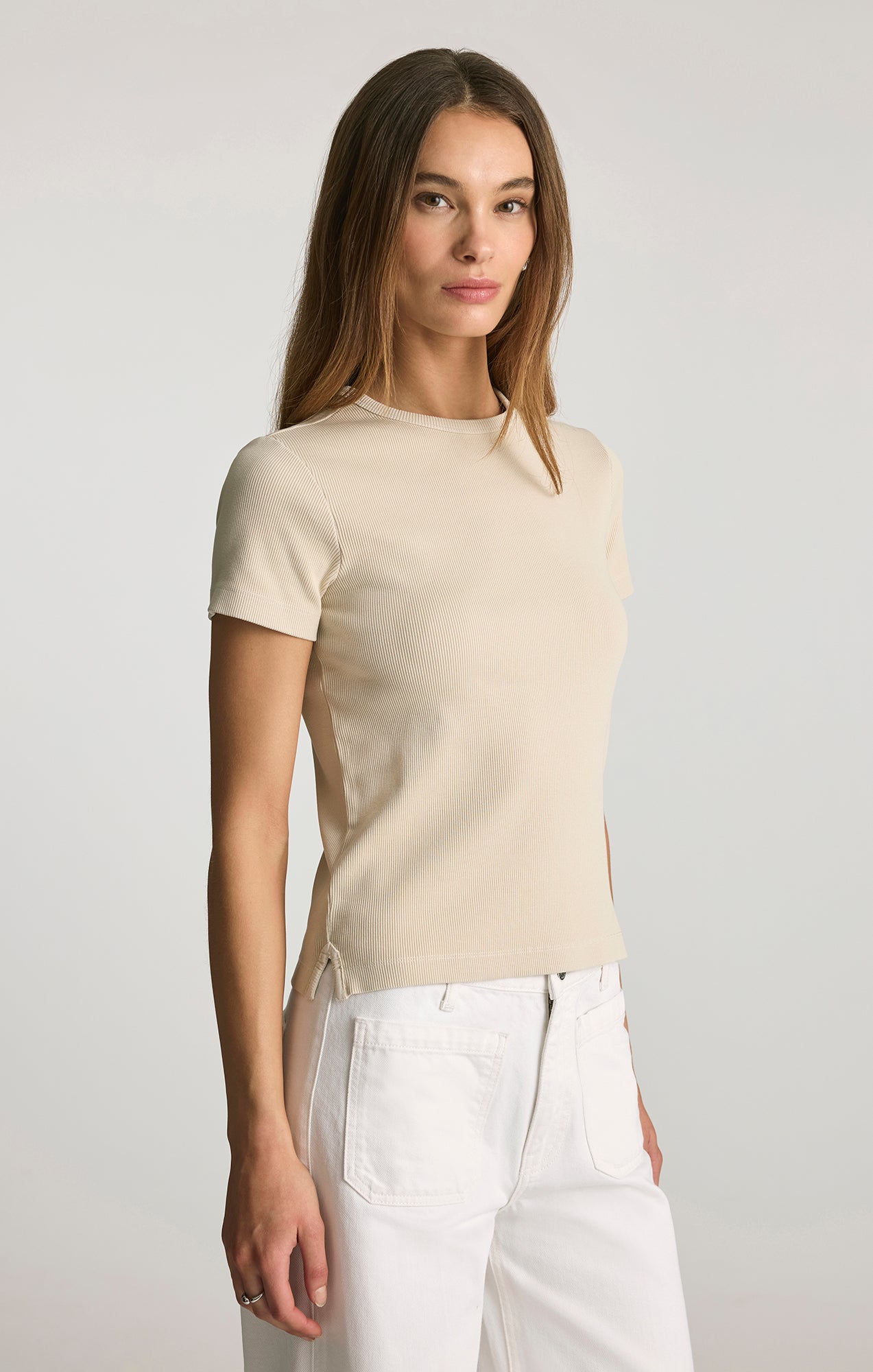 RIBBED CREW NECK T-SHIRT IN OYSTER GRAY - Mavi Jeans