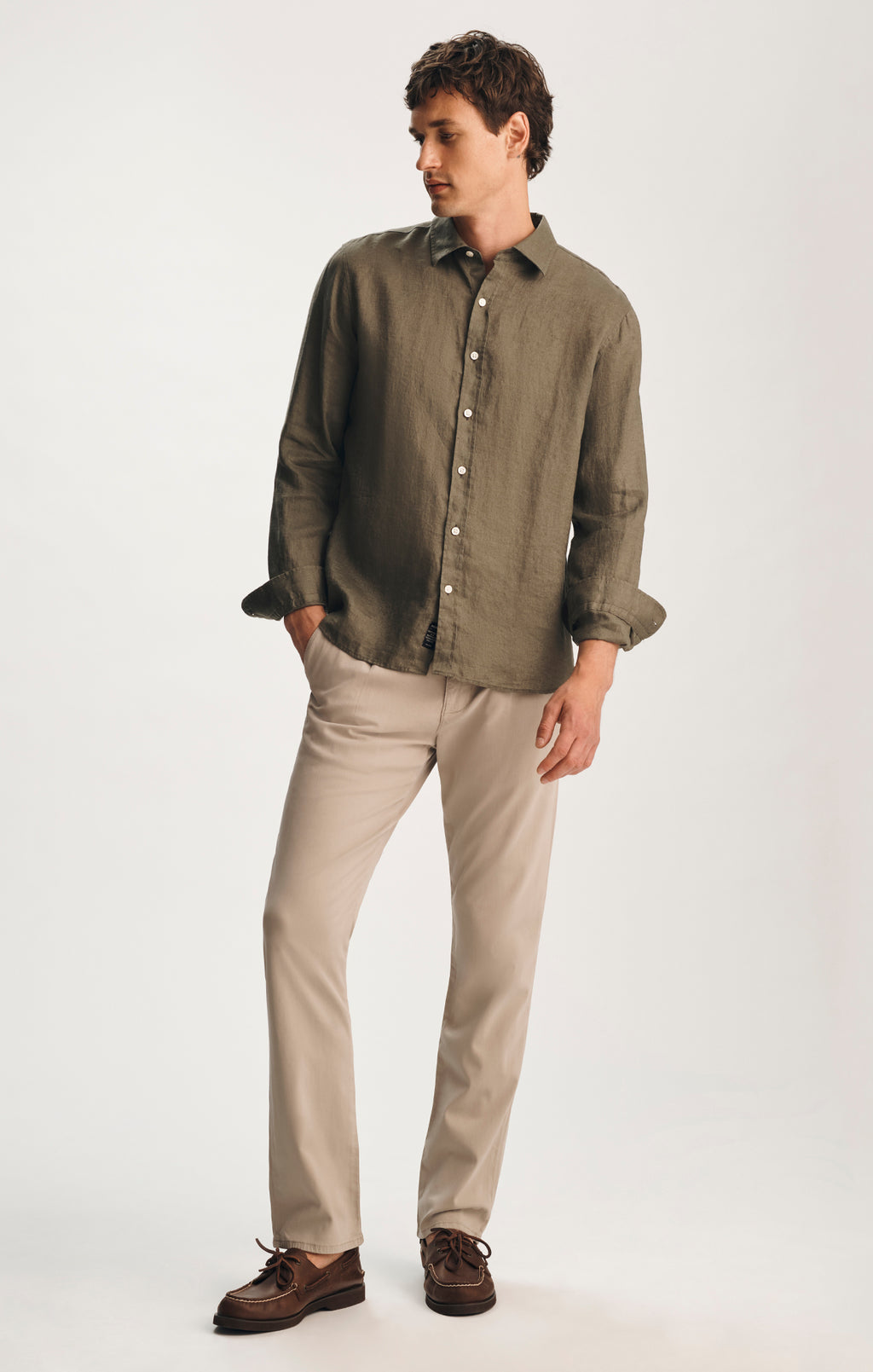 LINEN BUTTON-UP SHIRT IN DUSTY OLIVE - Mavi Jeans