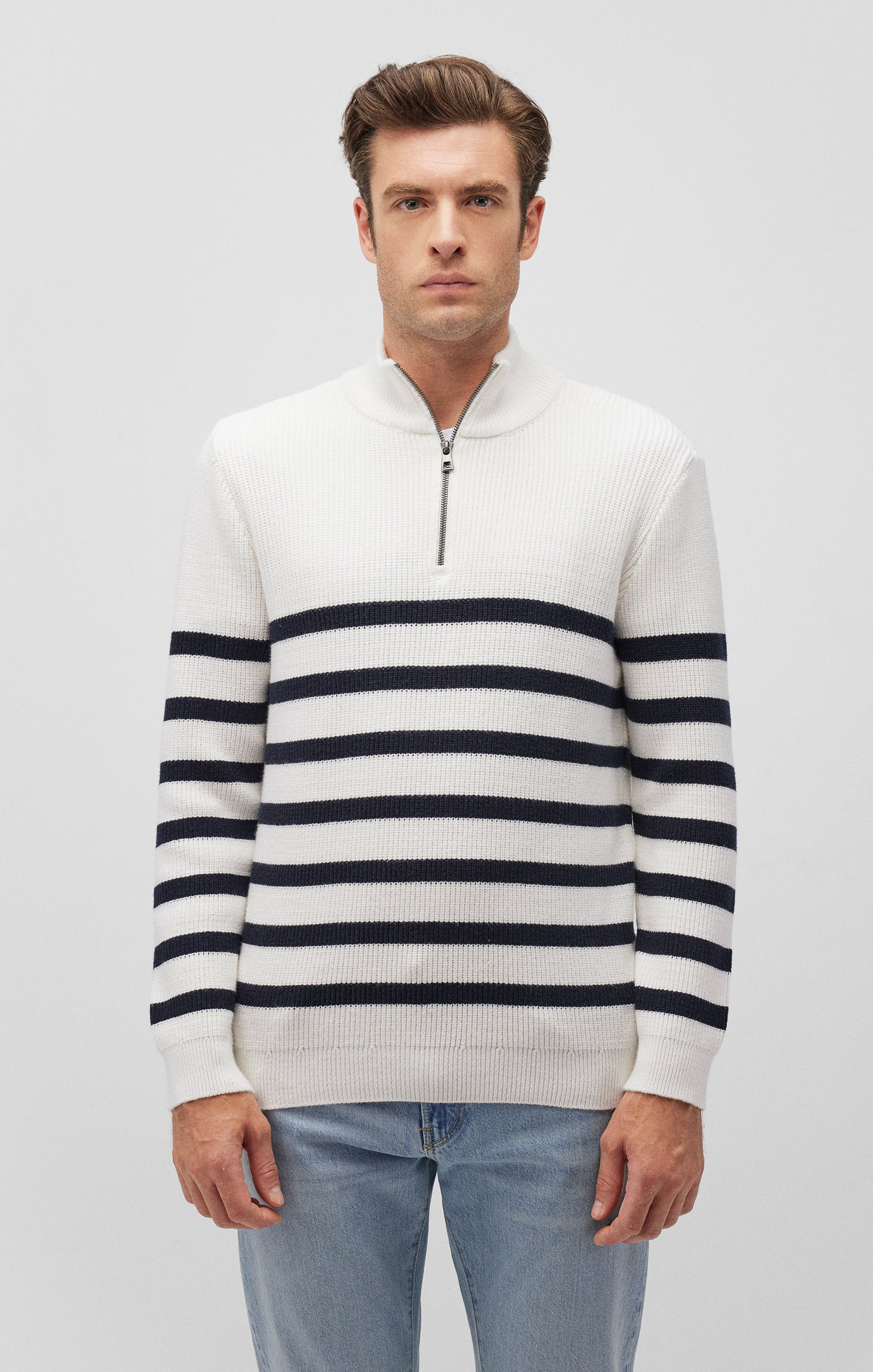 【BAON】Deimi stripe fleece crop jumper Mavi Men's Striped Quarter Zip Sweater In Antique White