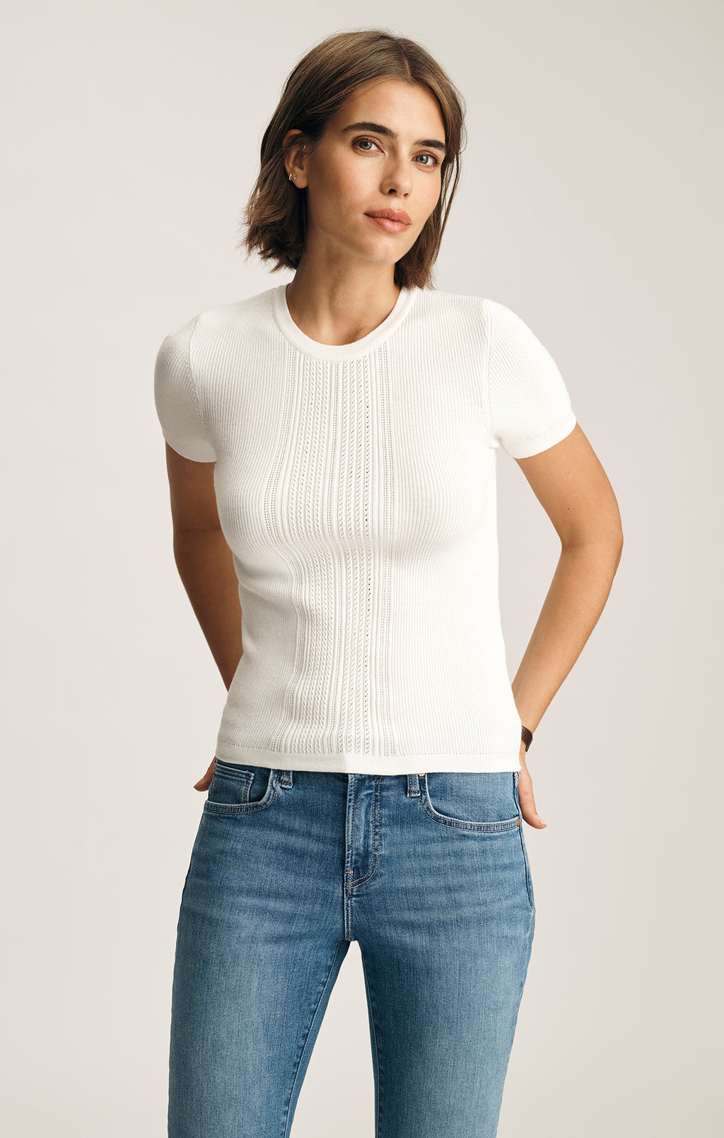 POINTELLE SHORT SLEEVE SWEATER IN ANTIQUE WHITE - Mavi Jeans