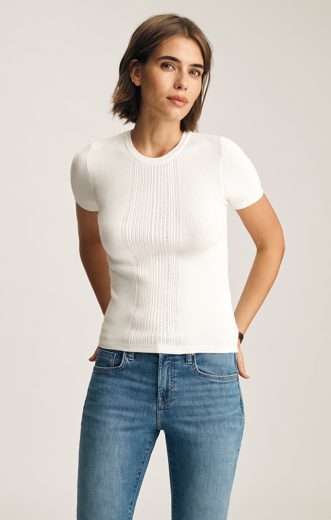 POINTELLE SHORT SLEEVE SWEATER IN ANTIQUE WHITE - Mavi Jeans