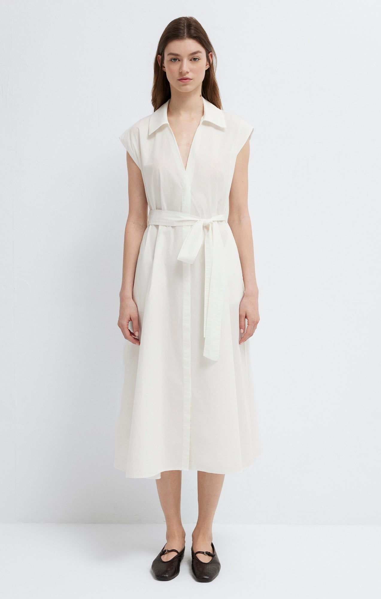 ROBE CHEMISE MIDI À CEINTURE NOUVELLE BLANC ANTIQUE