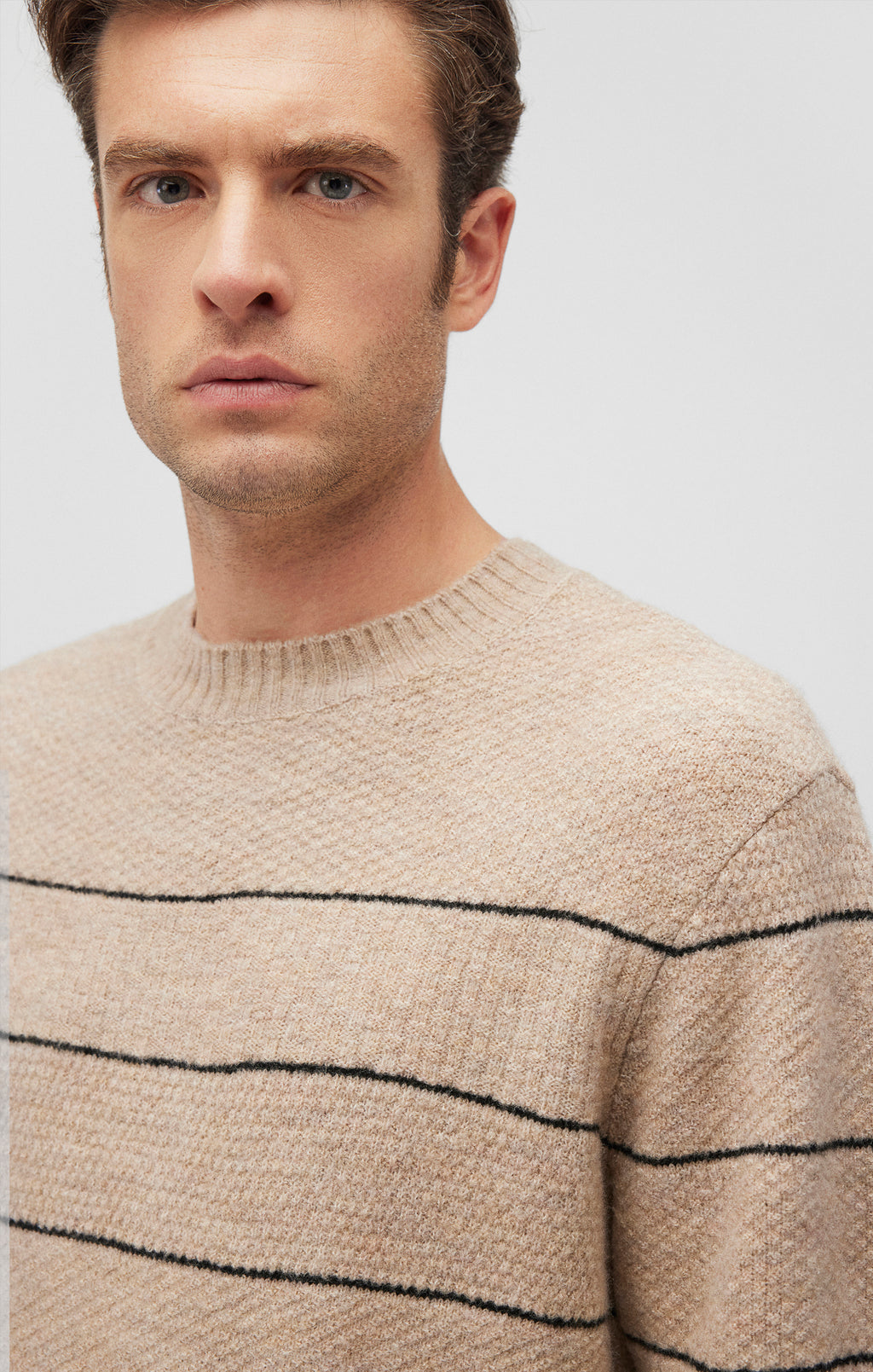 STRIPED CREW NECK SWEATER IN OATMEAL MELANGE - Mavi Jeans