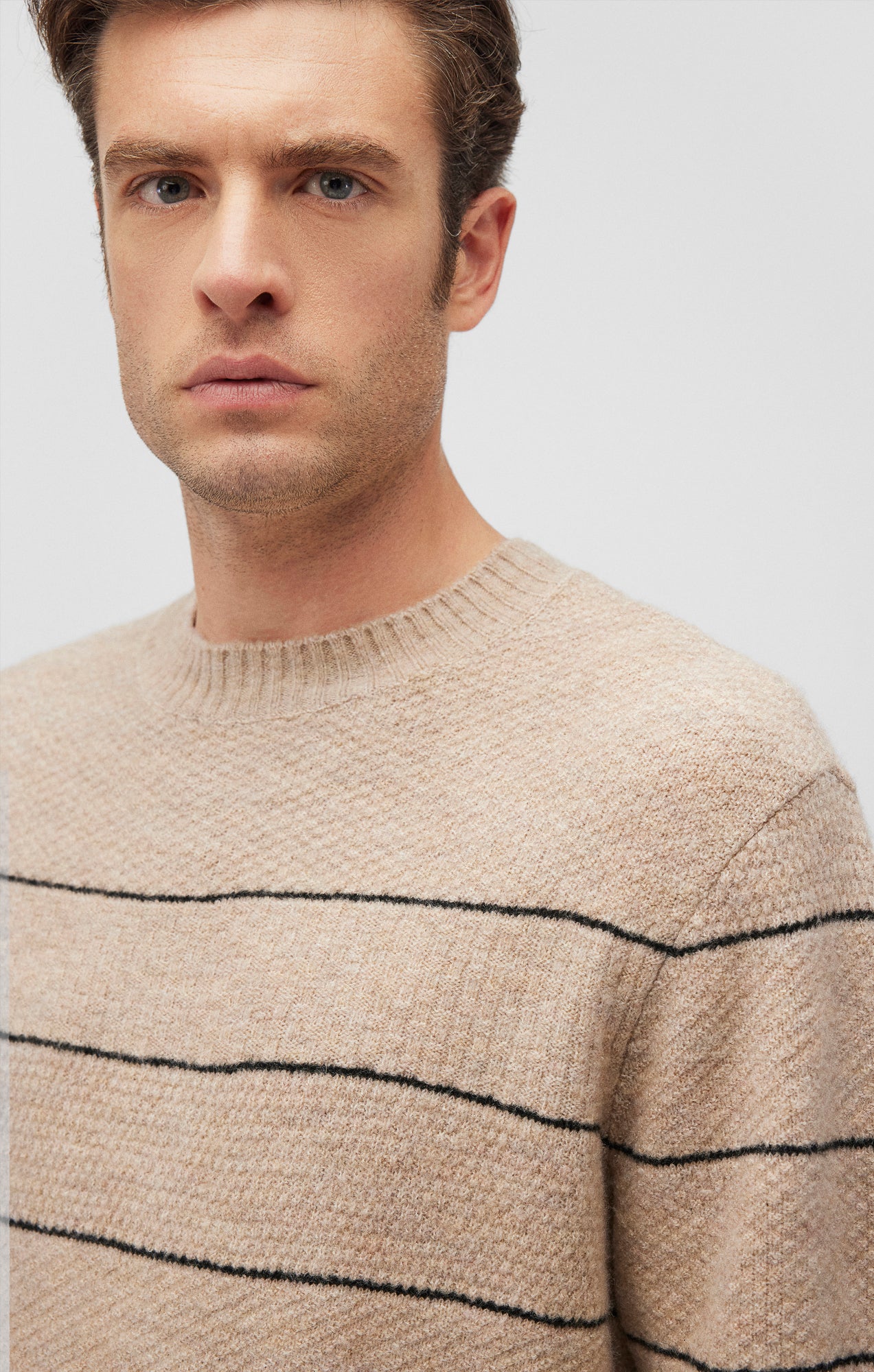 STRIPED CREW NECK SWEATER IN OATMEAL MELANGE - Mavi Jeans
