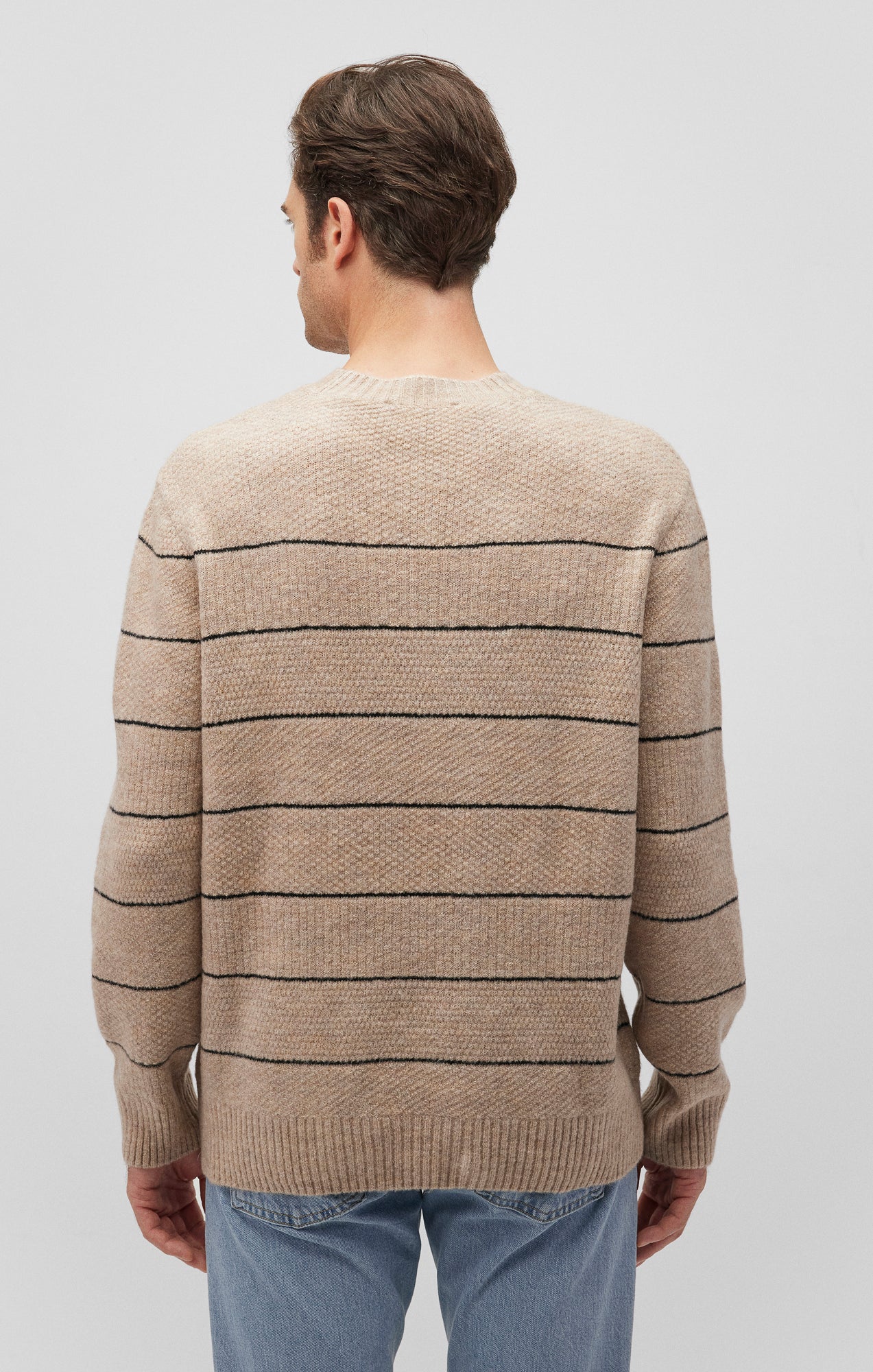 STRIPED CREW NECK SWEATER IN OATMEAL MELANGE - Mavi Jeans