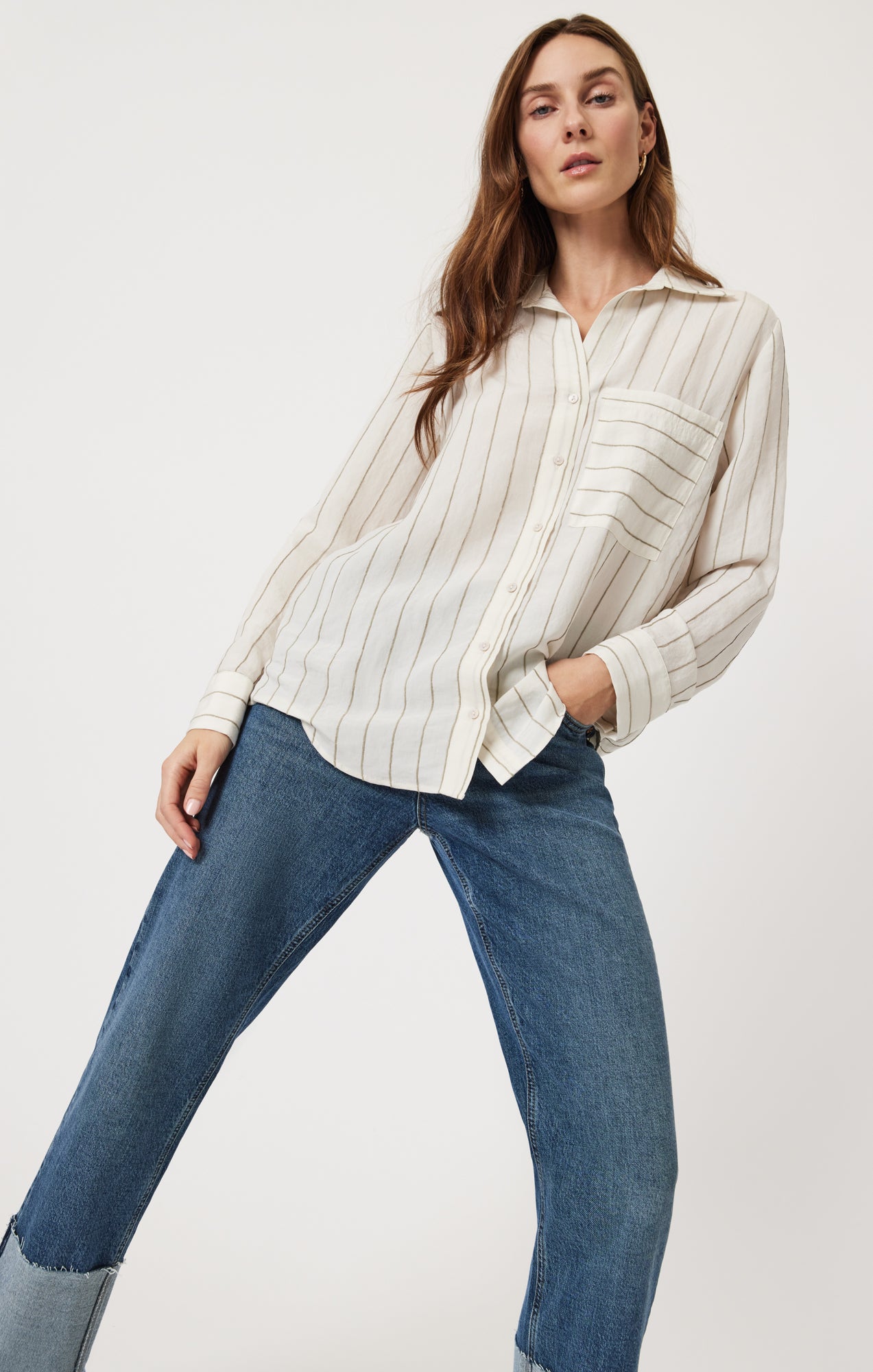 POCKET LONG SLEEVE SHIRT IN KHAKI STRIPE - Mavi Jeans
