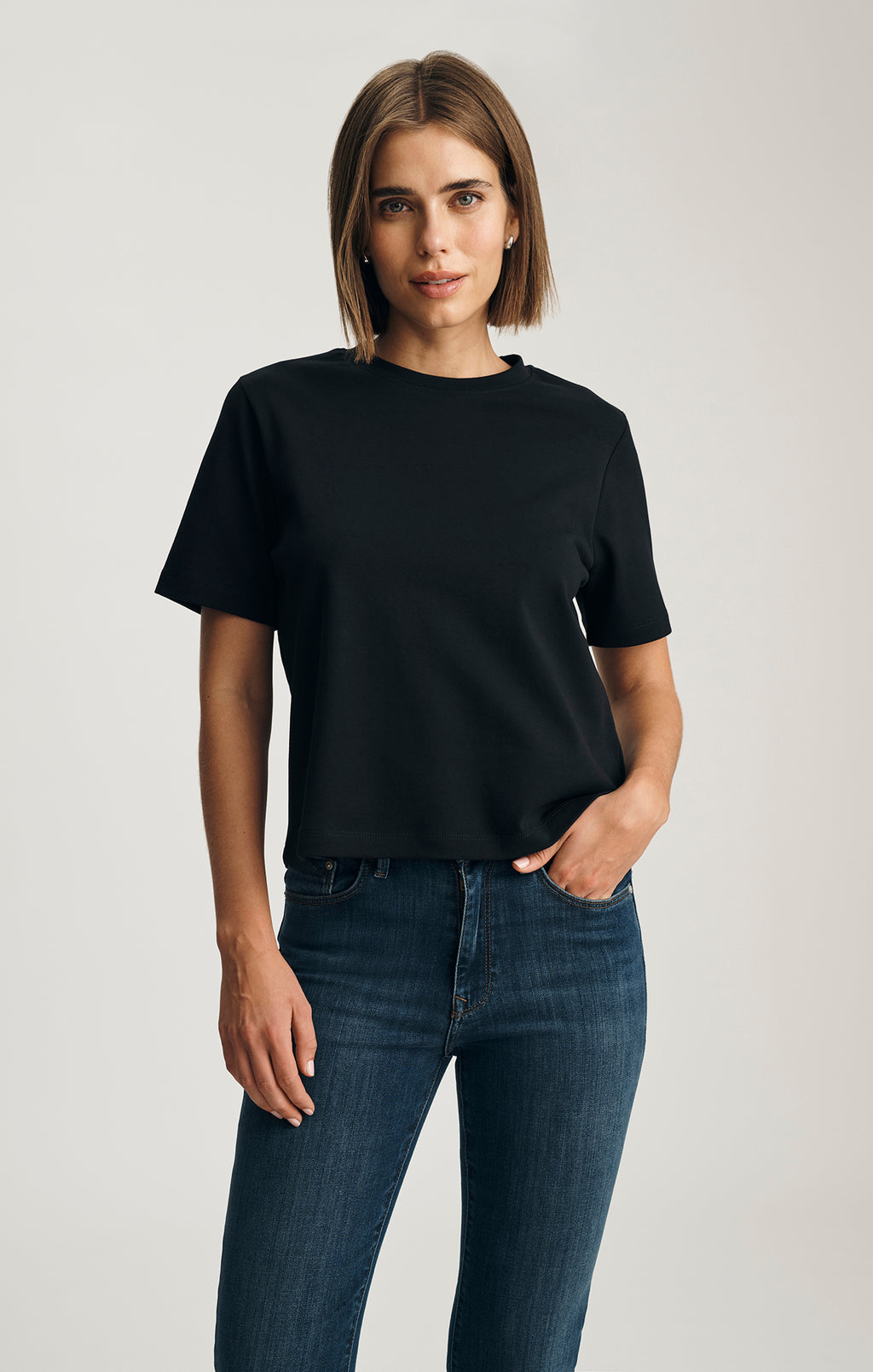 AUDREY INTERLOCK CREW NECK T-SHIRT IN BLACK