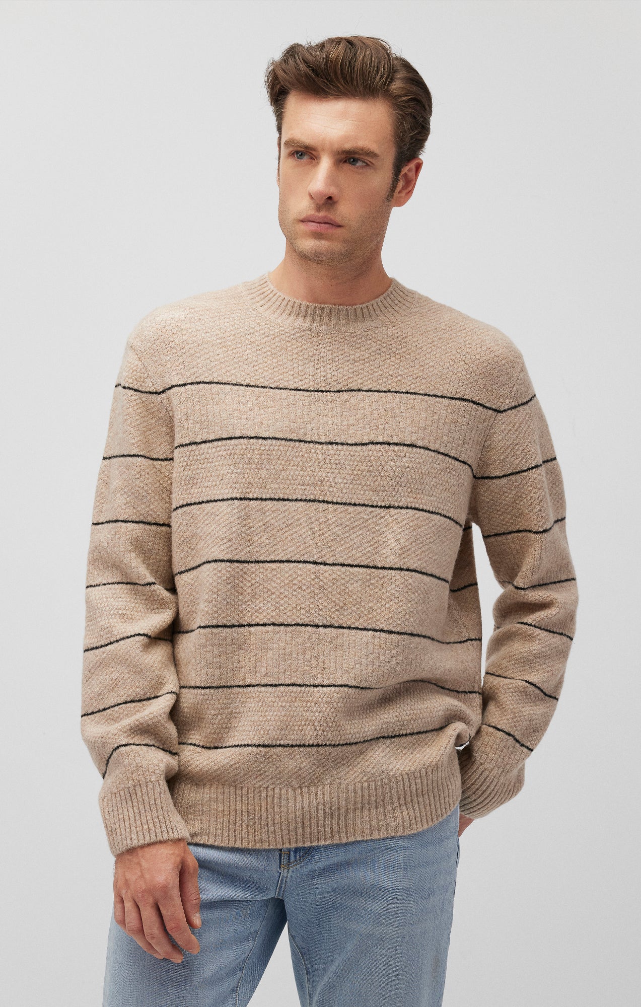STRIPED CREW NECK SWEATER IN OATMEAL MELANGE - Mavi Jeans