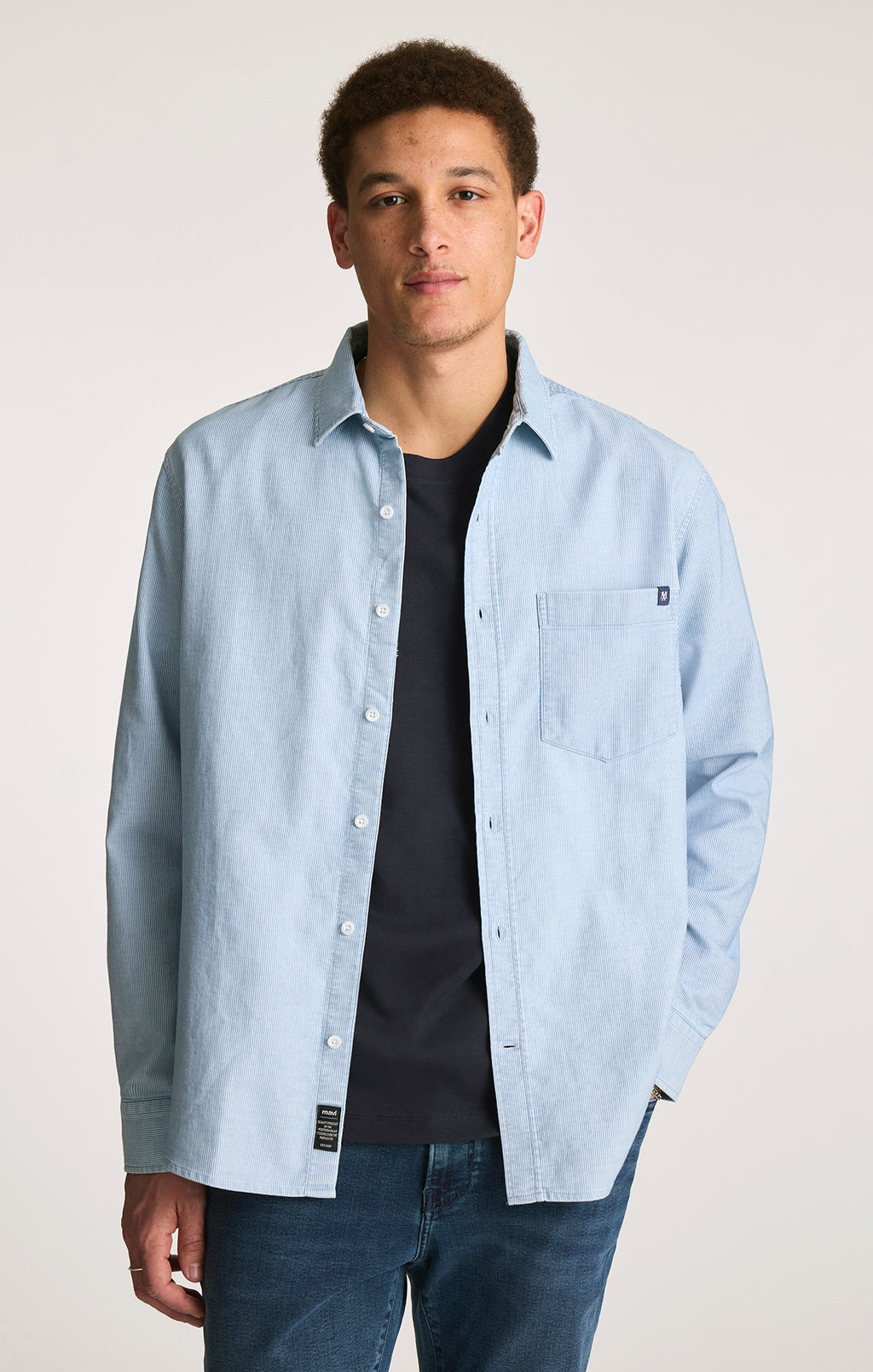 ONE POCKET BUTTON-UP SHIRT IN WHITE STRIPE INDIGO ZEMIN