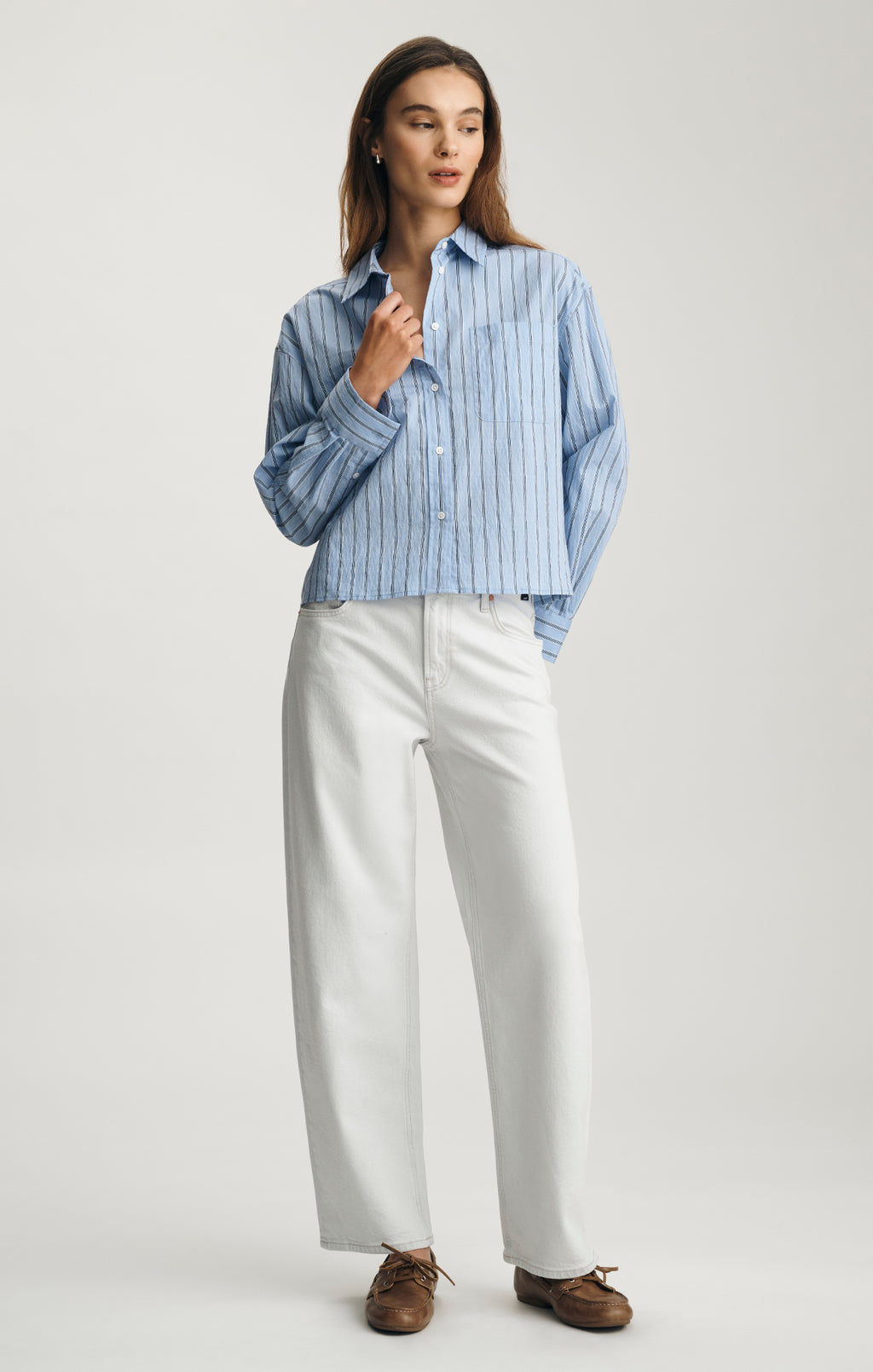 CROPPED ONE POCKET BUTTON-UP SHIRT IN BLUE STRIPED - Mavi Jeans