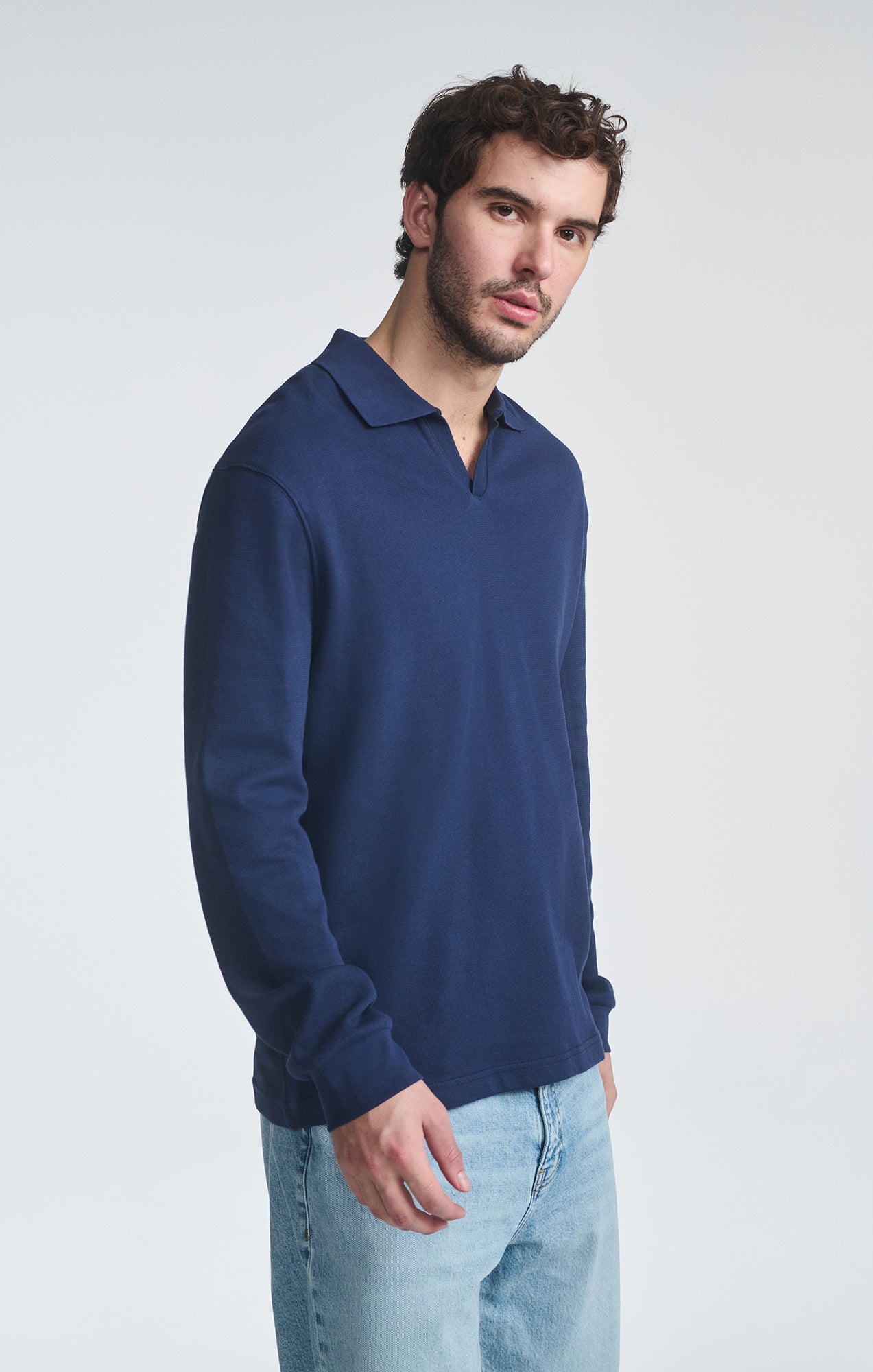 POLO COLLAR LONG SLEEVE SHIRT IN BLACK IRIS - Mavi Jeans