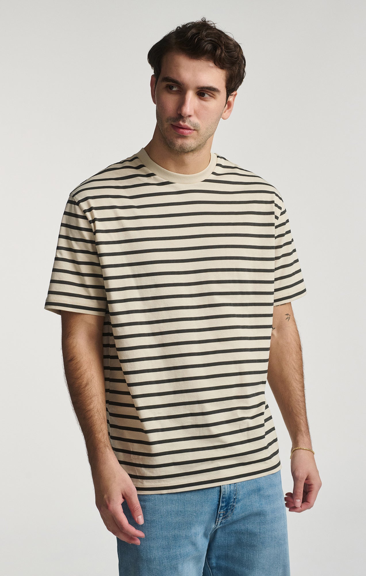 STRIPED SHORT SLEEVE CREW NECK T-SHIRT IN PELICAN - Mavi Jeans