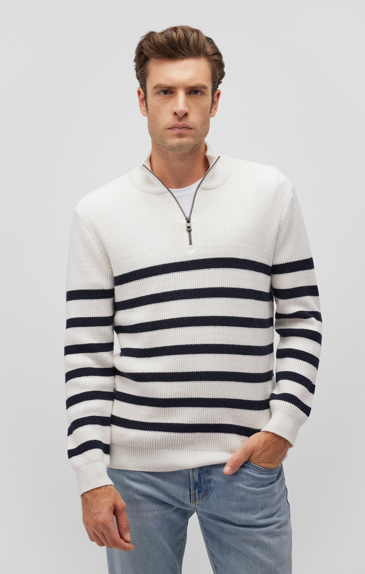 STRIPED QUARTER ZIP SWEATER IN ANTIQUE WHITE - Mavi Jeans