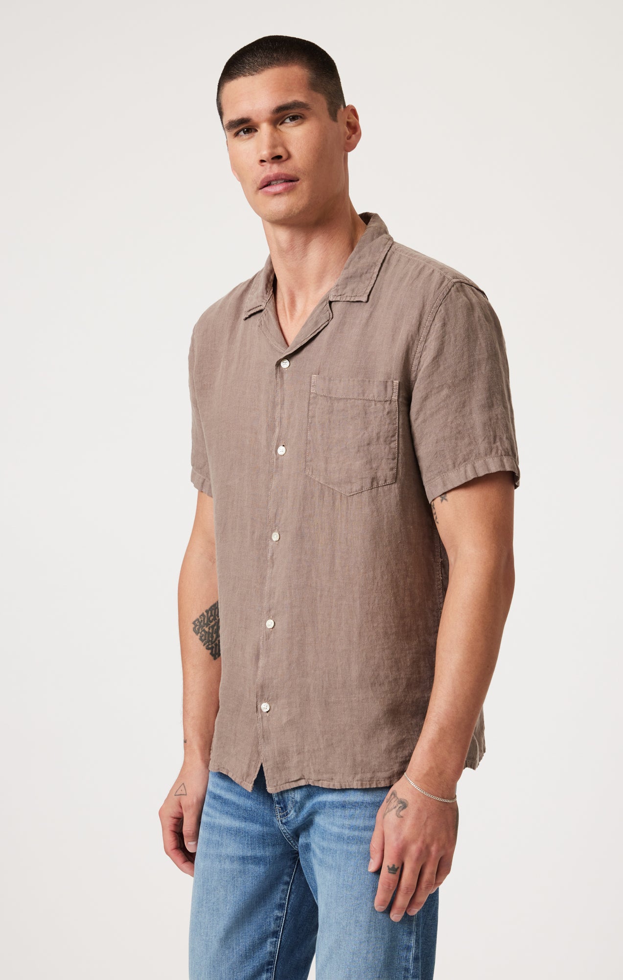 LINEN SHORT SLEEVE SHIRT IN BRINDLE - Mavi Jeans