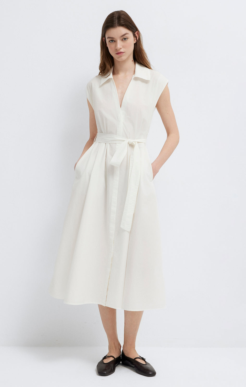 ROBE CHEMISE MIDI À CEINTURE NOUVELLE BLANC ANTIQUE