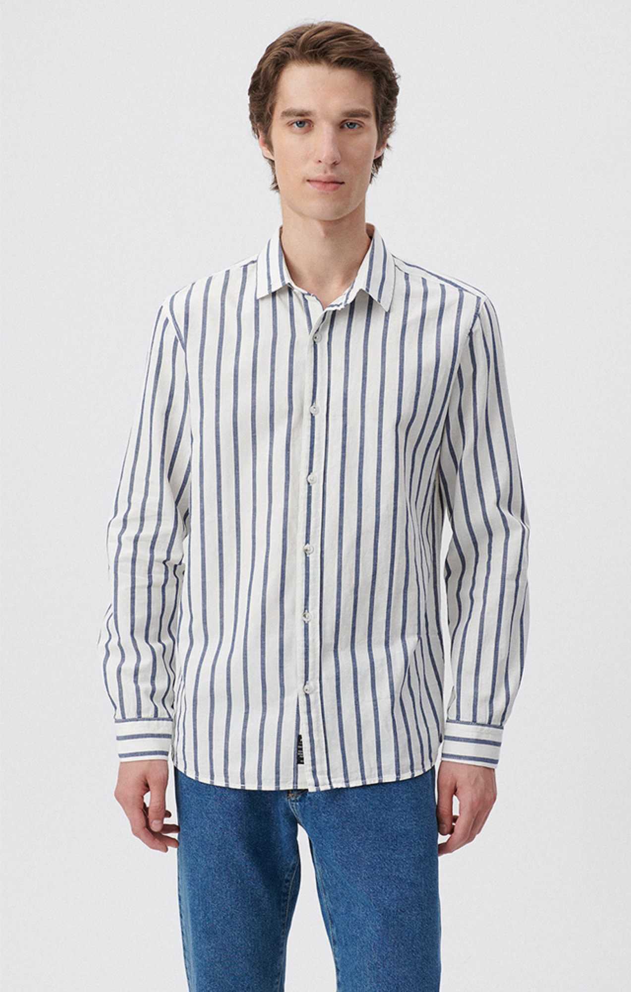STRIPED BUTTON-UP LONG SLEEVE SHIRT IN DARK DENIM WHITE STRIPE - Mavi Jeans