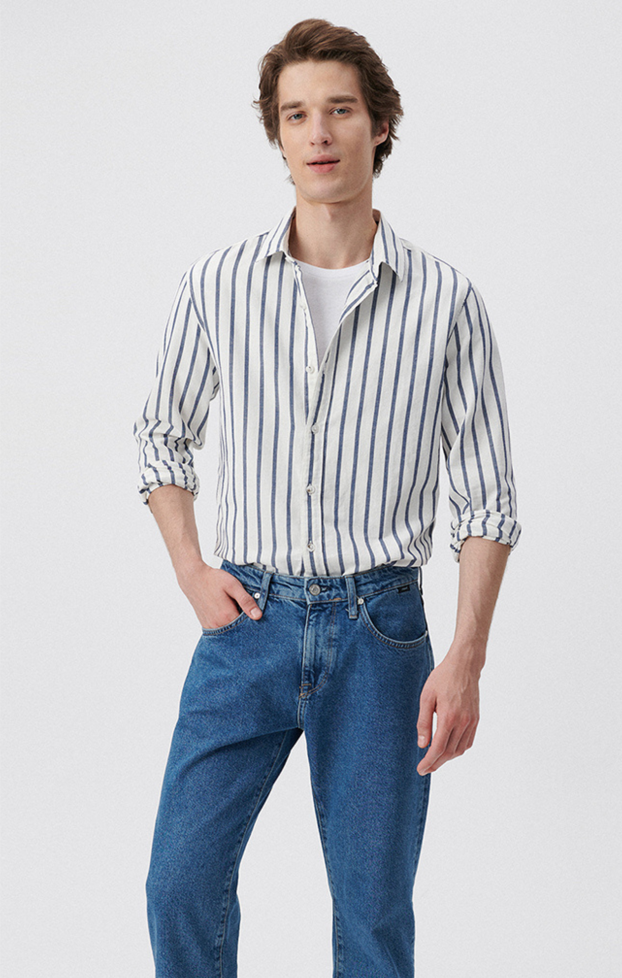 STRIPED BUTTON-UP LONG SLEEVE SHIRT IN DARK DENIM WHITE STRIPE - Mavi Jeans