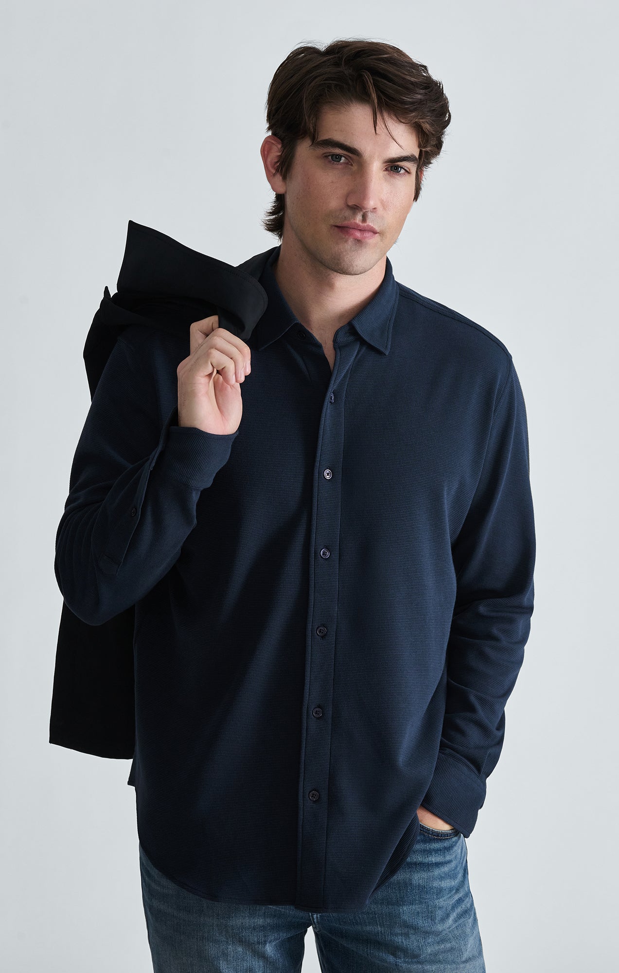 WAFFLE KNIT BUTTON-UP SHIRT IN TOTAL ECLIPSE - Mavi Jeans