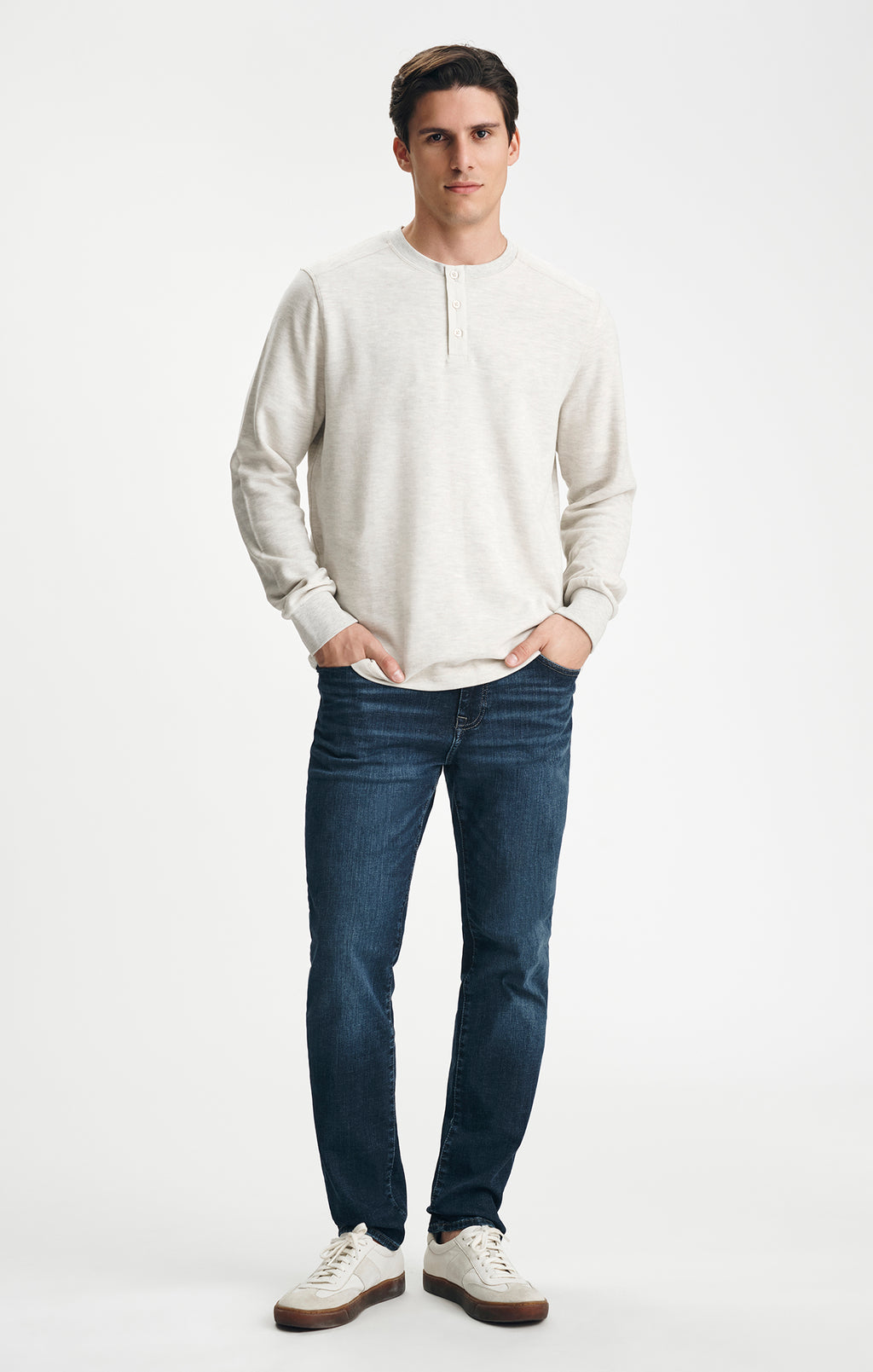 LONG SLEEVE HENLEY T-SHIRT IN GREY MELANGE - Mavi Jeans
