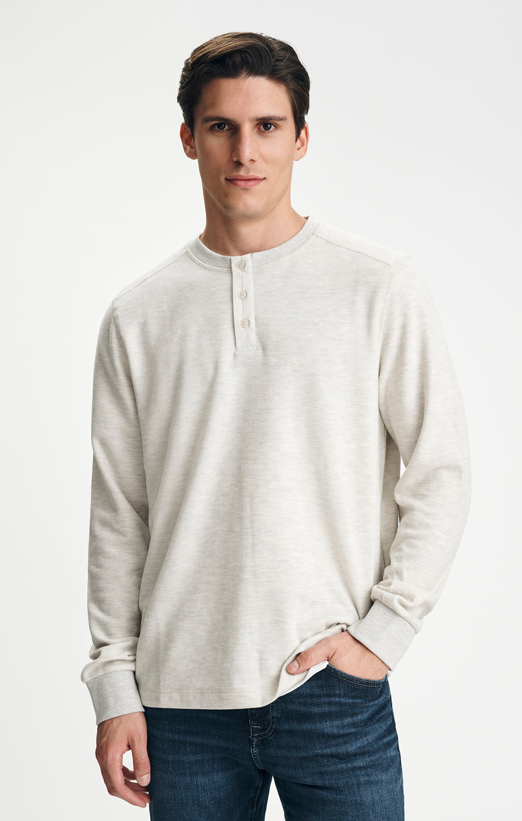 LONG SLEEVE HENLEY T-SHIRT IN GREY MELANGE - Mavi Jeans
