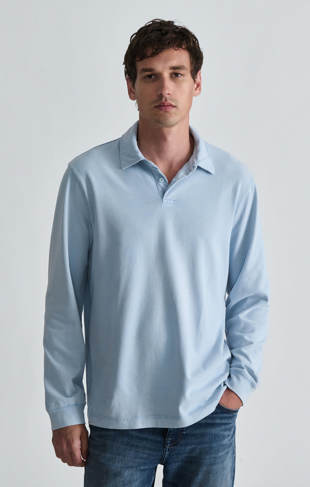 ACID WASH LONG SLEEVE POLO T-SHIRT IN BALLAD BLUE - Mavi Jeans