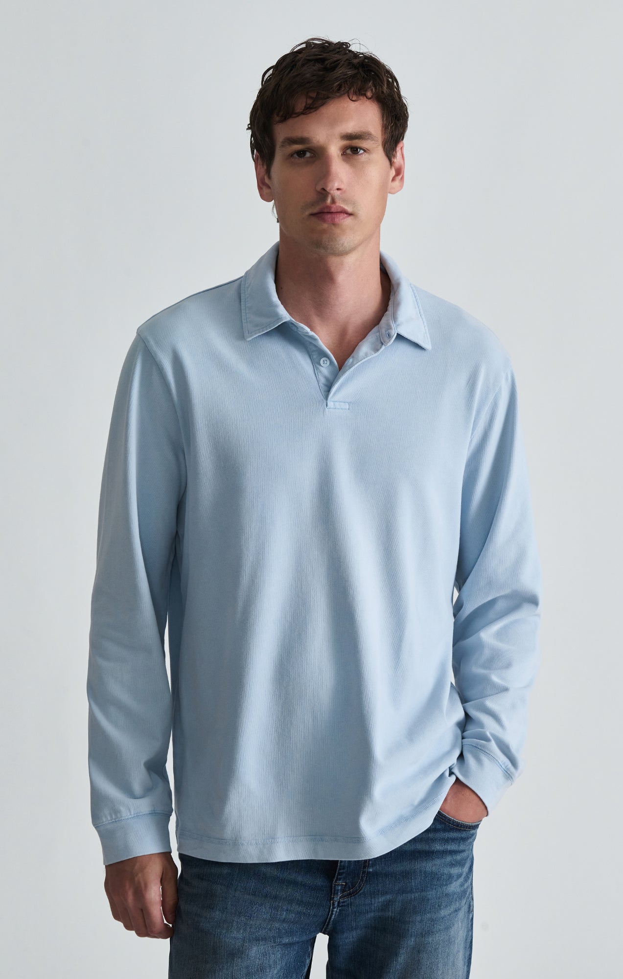 ACID WASH LONG SLEEVE POLO T-SHIRT IN BALLAD BLUE - Mavi Jeans