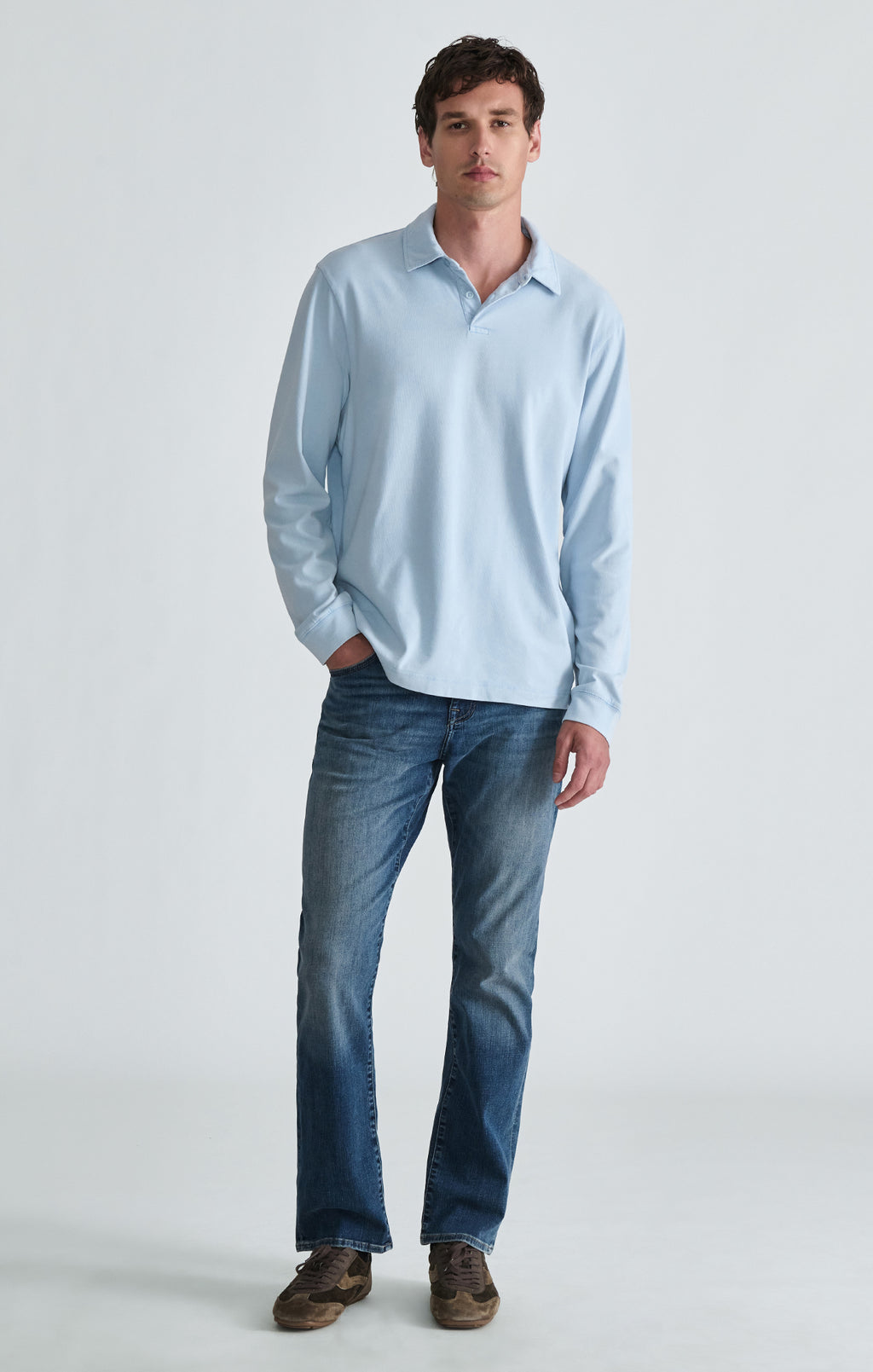 ACID WASH LONG SLEEVE POLO T-SHIRT IN BALLAD BLUE - Mavi Jeans