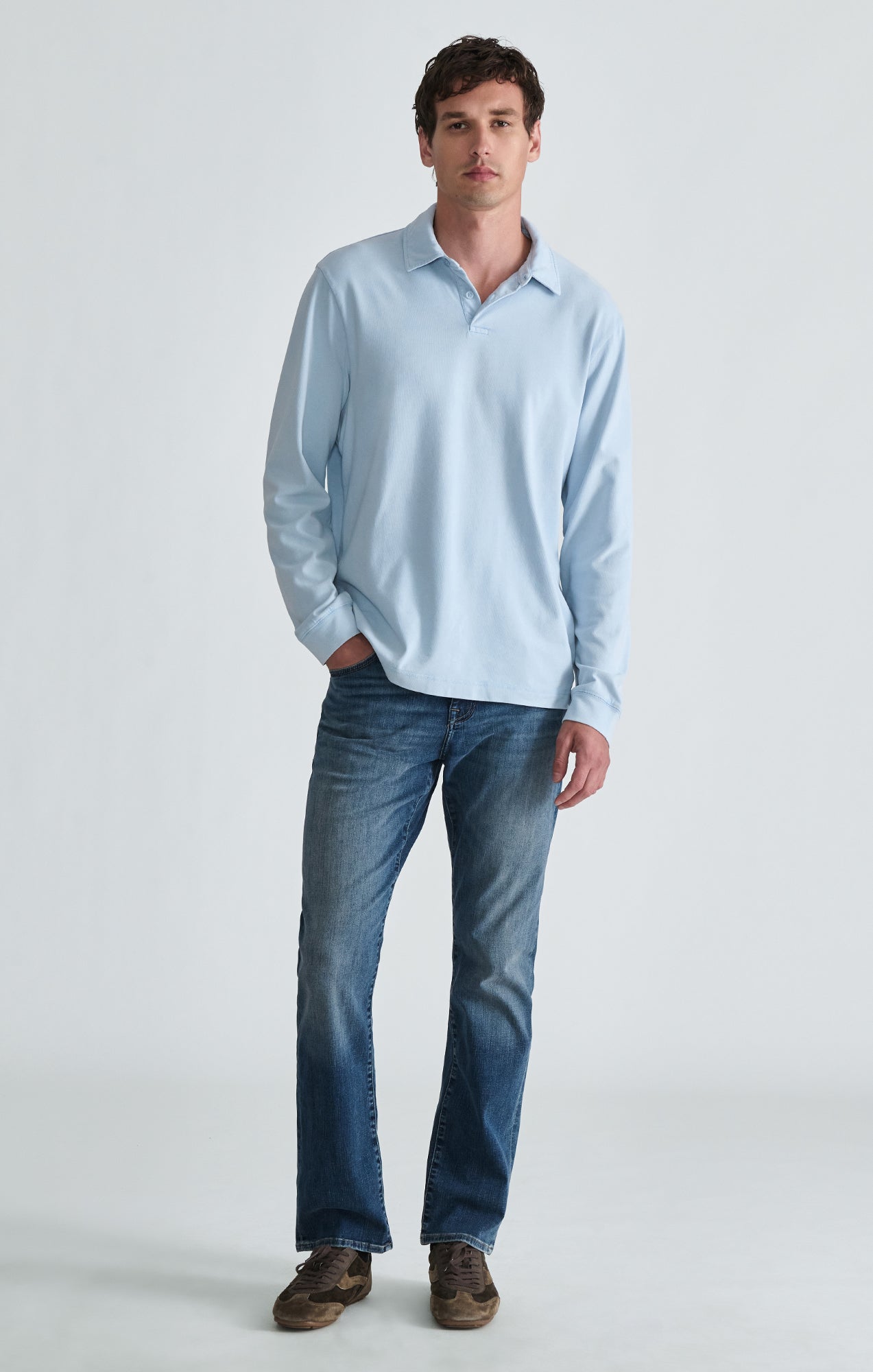 ACID WASH LONG SLEEVE POLO T-SHIRT IN BALLAD BLUE - Mavi Jeans