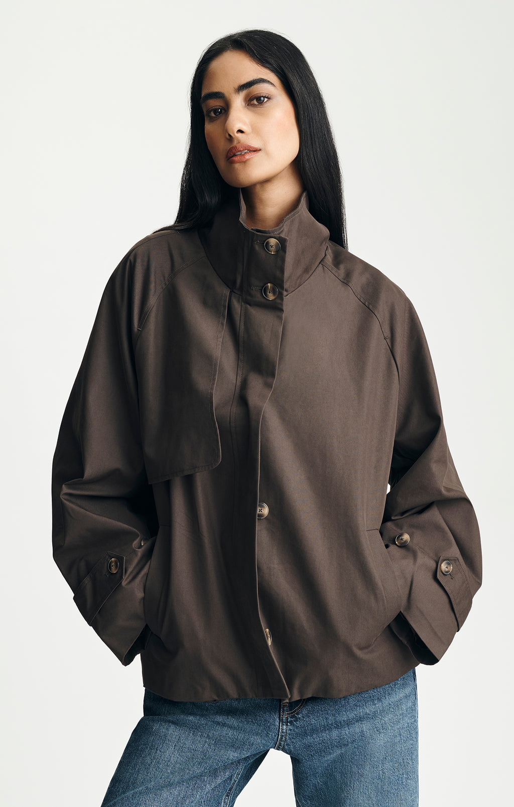 OVERSIZED HIGH NECK TRENCH COAT IN MULCH - Mavi Jeans