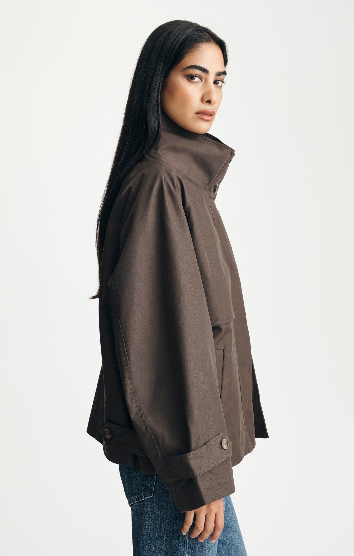 OVERSIZED HIGH NECK TRENCH COAT IN MULCH - Mavi Jeans