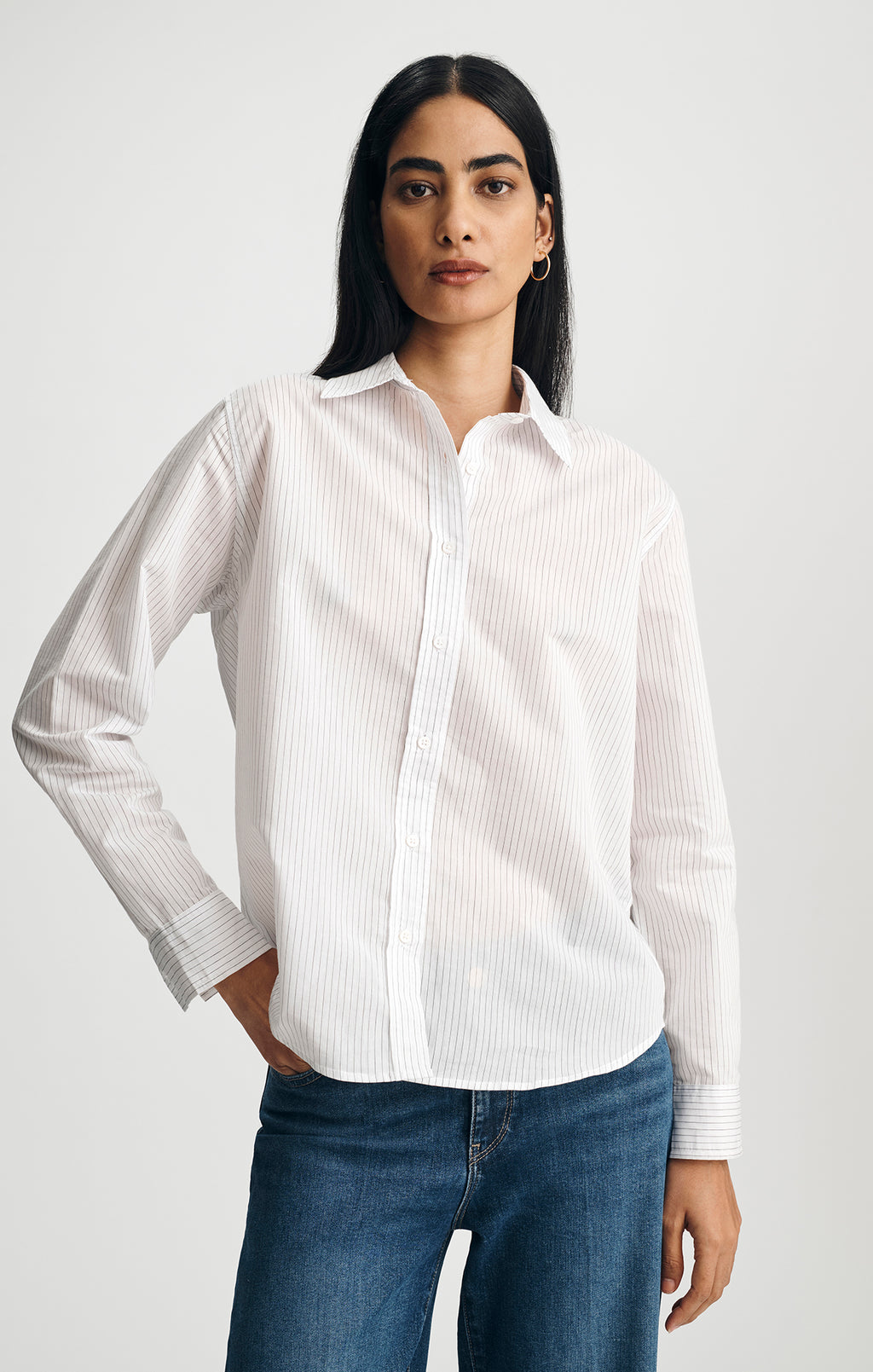 LONG SLEEVE WOVEN SHIRT IN BLACK WHITE STRIPE - Mavi Jeans